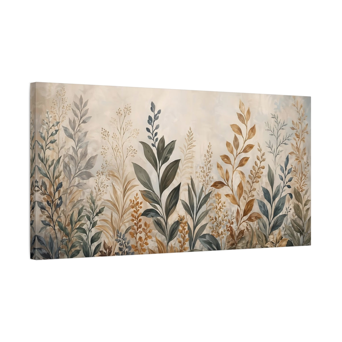 Side Mockup 1. Nature Botanical Leaves Earthy Botanical shown as stretched canvas wall art
