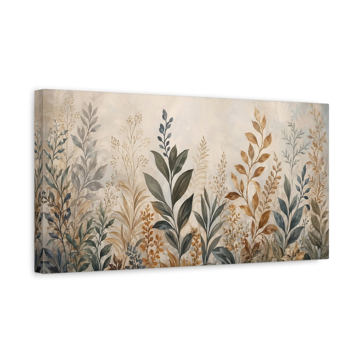 Side Mockup 3. Nature Botanical Leaves Earthy Botanical shown as stretched canvas wall art