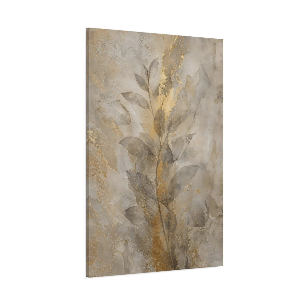 Side Mockup 1. Nature Botanical Leaves Gold And Beige shown as stretched canvas wall art
