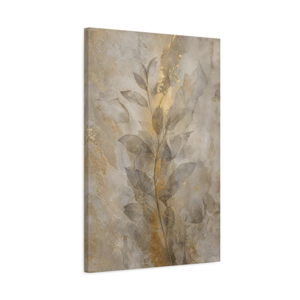 Side Mockup 2. Nature Botanical Leaves Gold And Beige shown as stretched canvas wall art