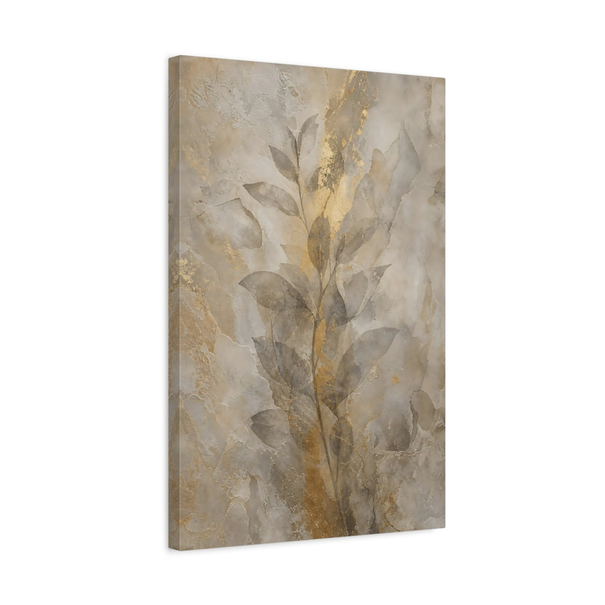 Side Mockup 3. Nature Botanical Leaves Gold And Beige shown as stretched canvas wall art