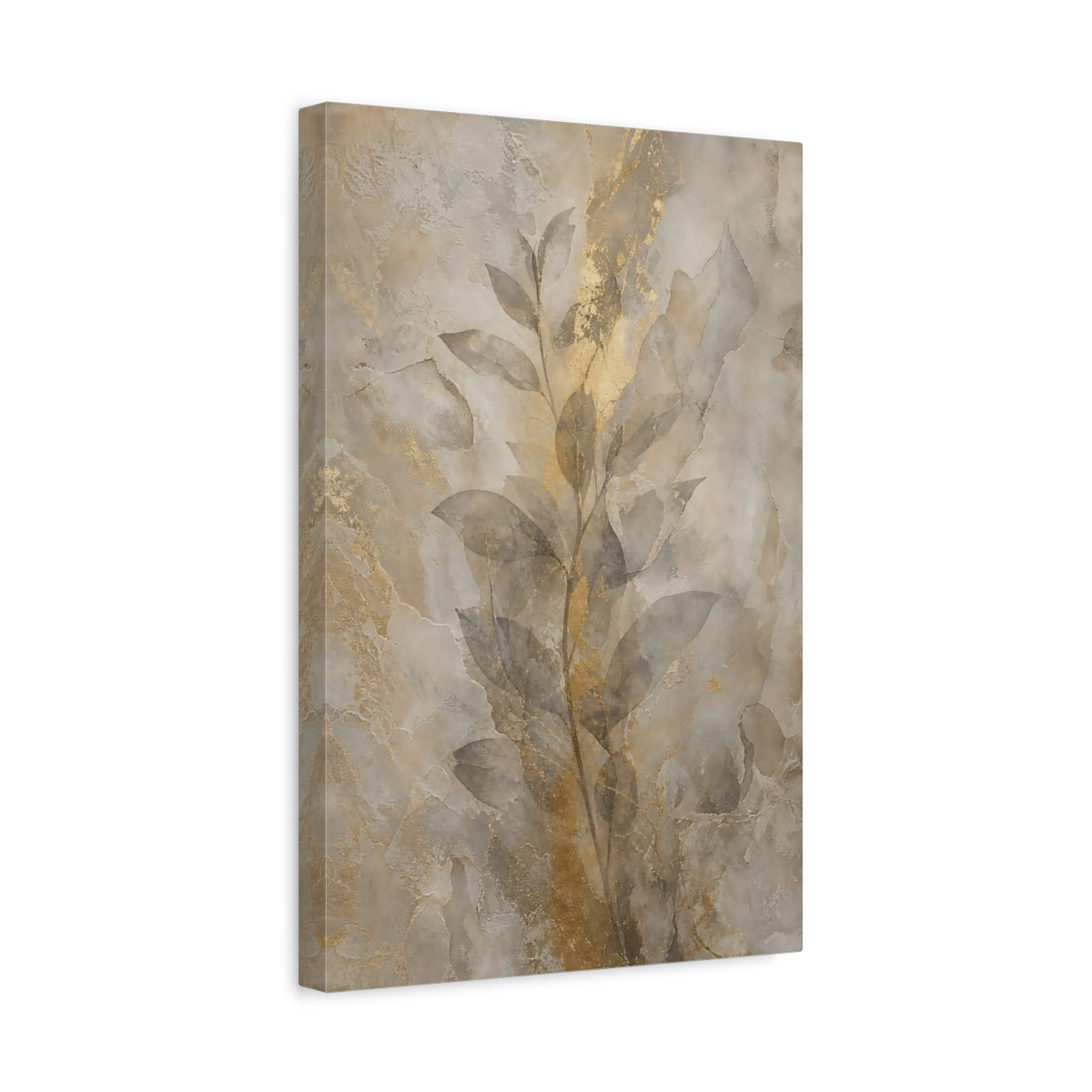 Side Mockup 4. Nature Botanical Leaves Gold And Beige shown as stretched canvas wall art