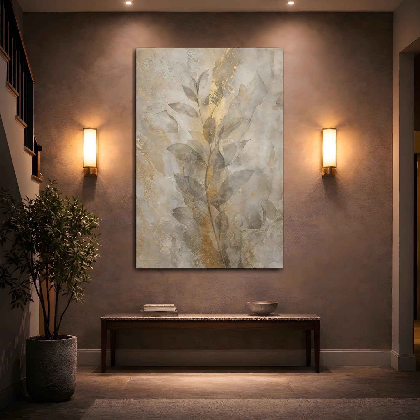 Mockup 2. Nature Botanical Leaves Gold And Beige shown as stretched canvas wall art