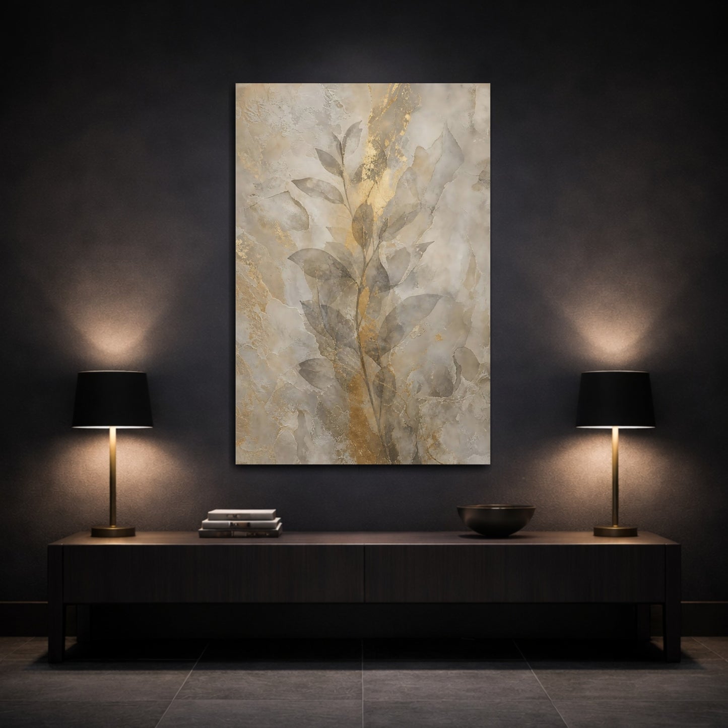 Mockup 3. Nature Botanical Leaves Gold And Beige shown as stretched canvas wall art
