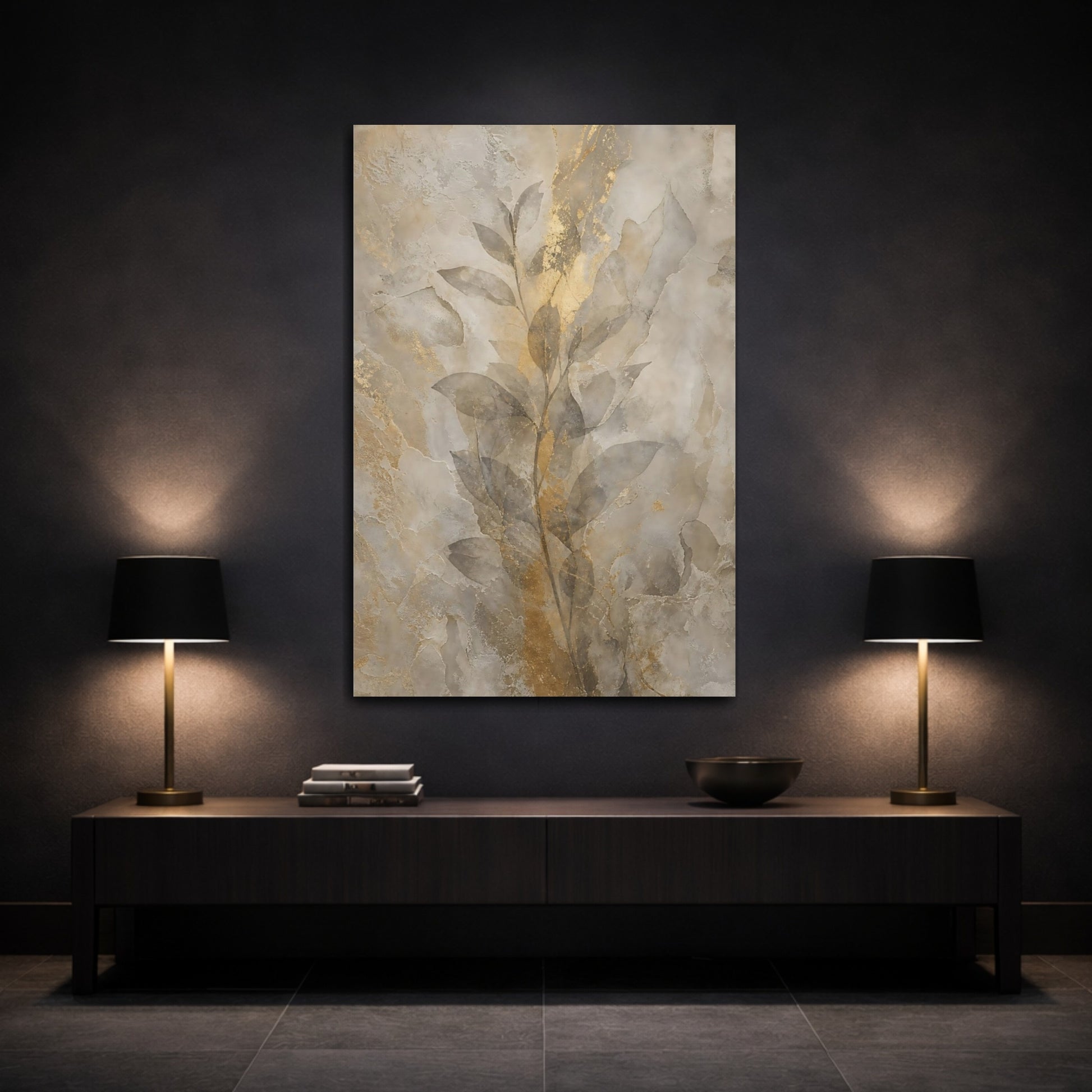 Mockup 3. Nature Botanical Leaves Gold And Beige shown as stretched canvas wall art