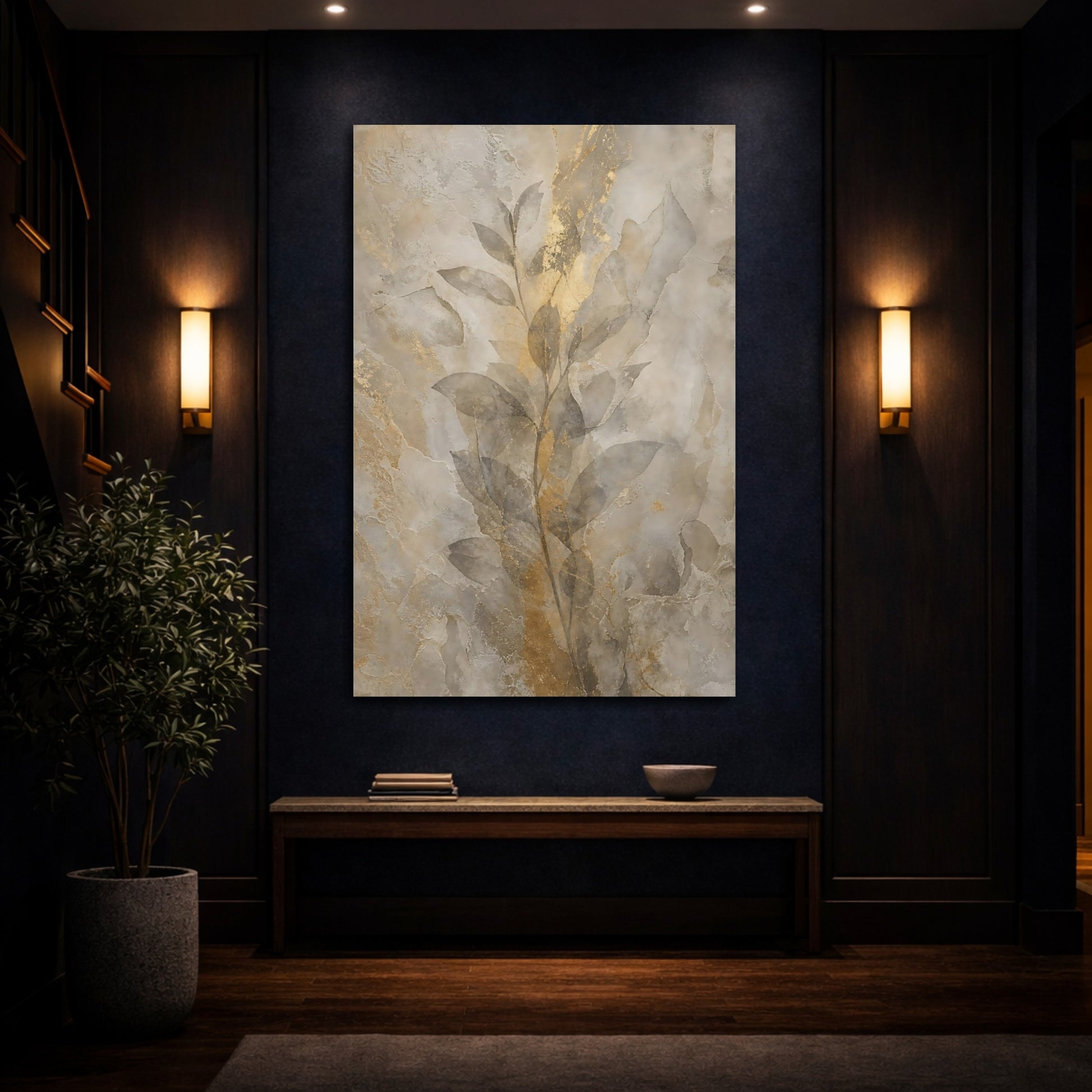 Mockup 4. Nature Botanical Leaves Gold And Beige shown as stretched canvas wall art
