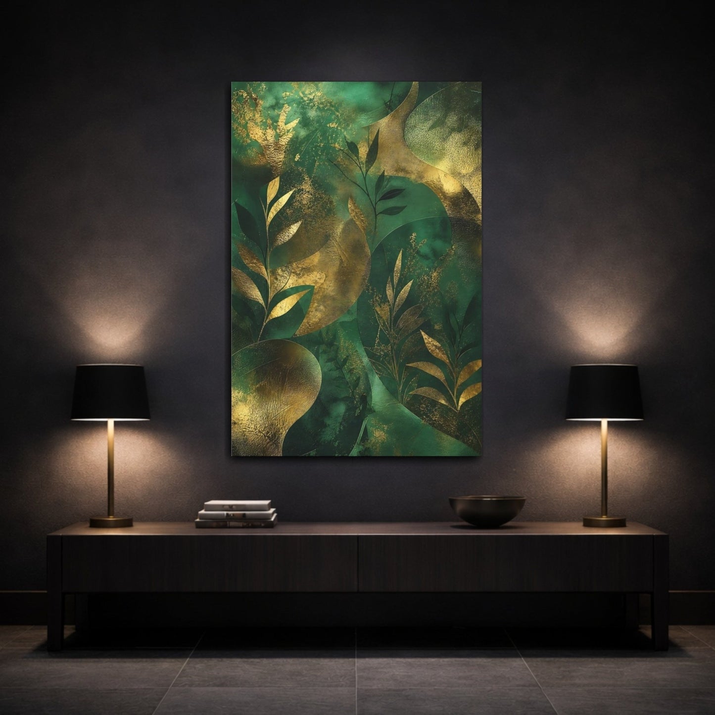 Nature Botanical Leaves Green And Gold Canvas Print – Living Room, Above Sofa - YesArtYes