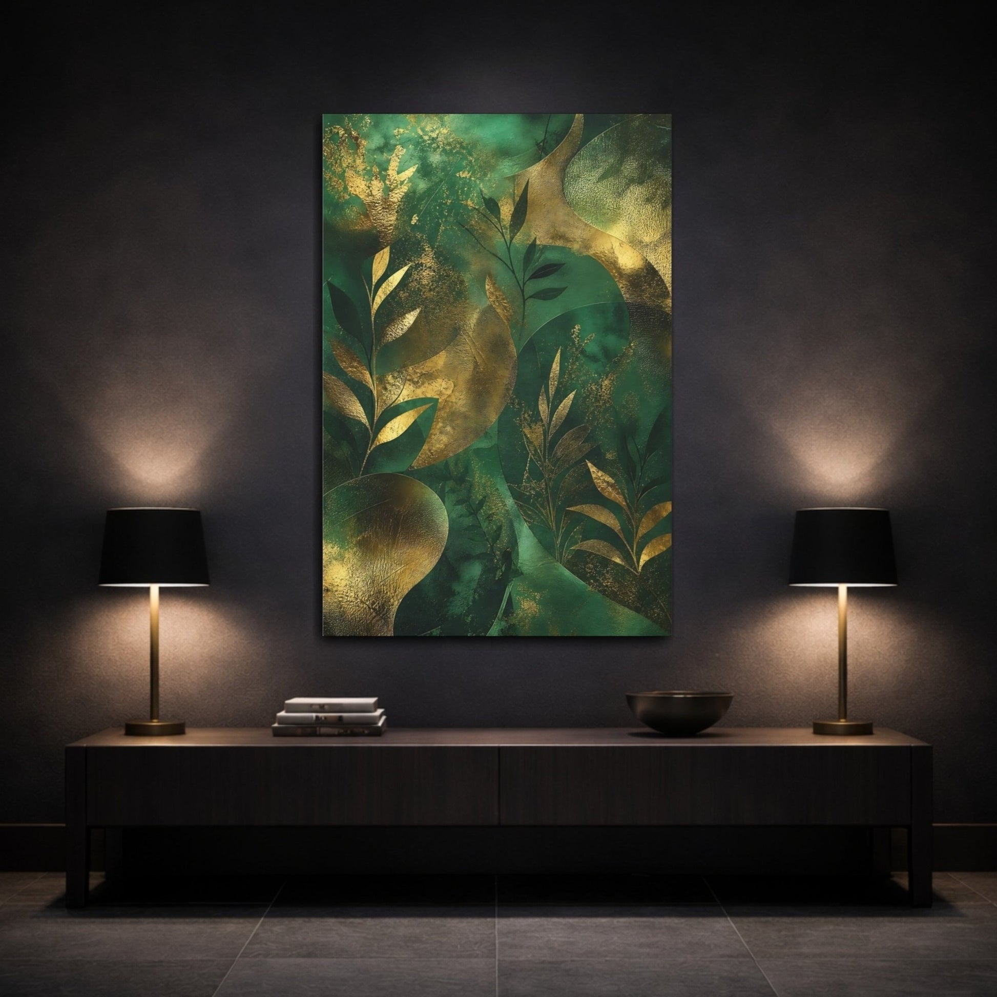Nature Botanical Leaves Green And Gold Canvas Print – Living Room, Above Sofa - YesArtYes