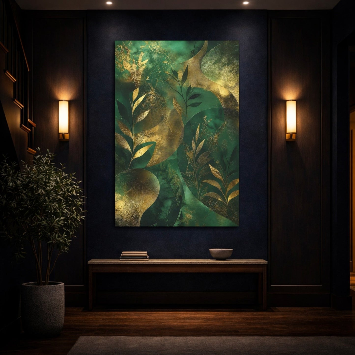 Nature Botanical Leaves Green And Gold Canvas Print – Living Room, Above Sofa - YesArtYes