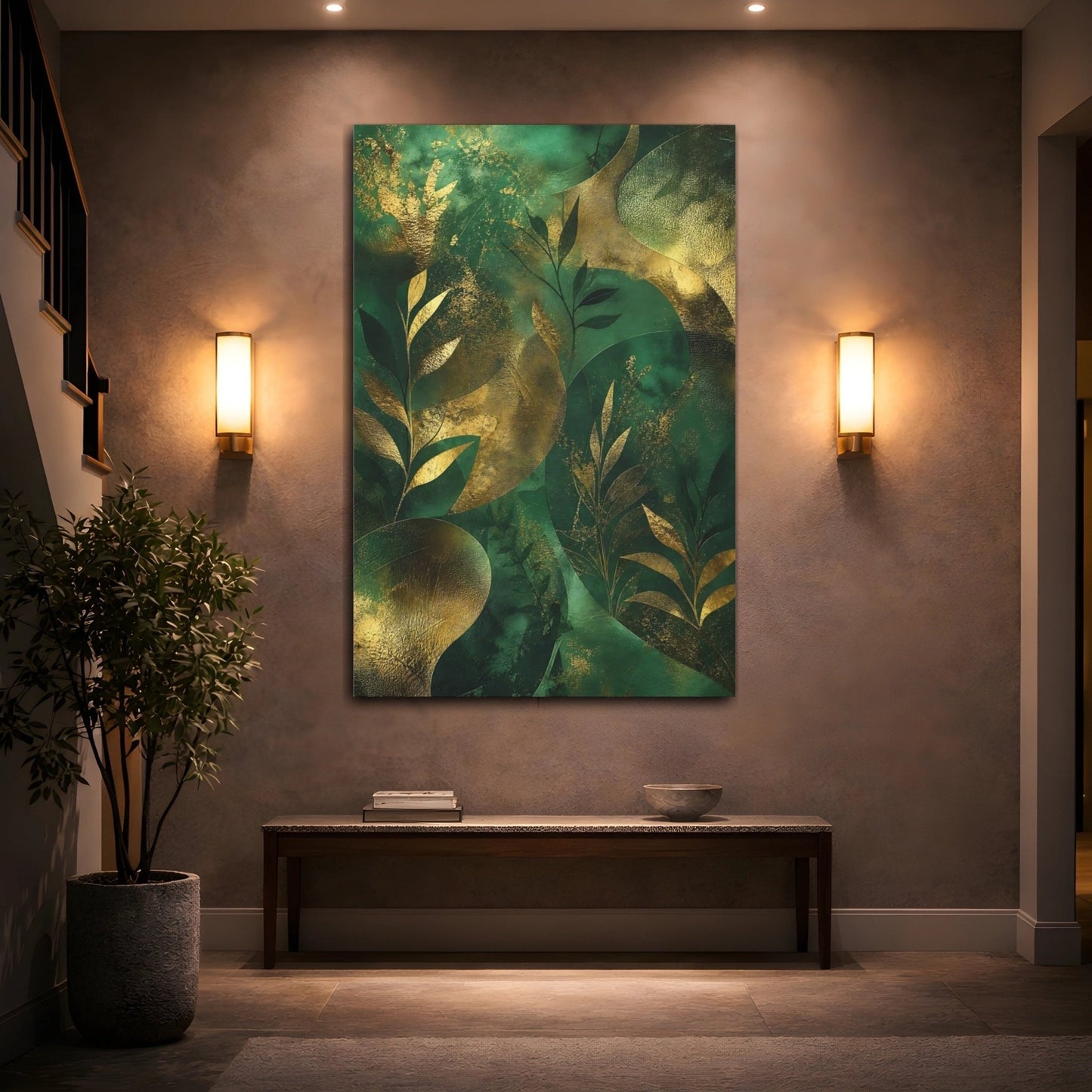 Nature Botanical Leaves Green And Gold Canvas Print – Living Room, Above Sofa - YesArtYes