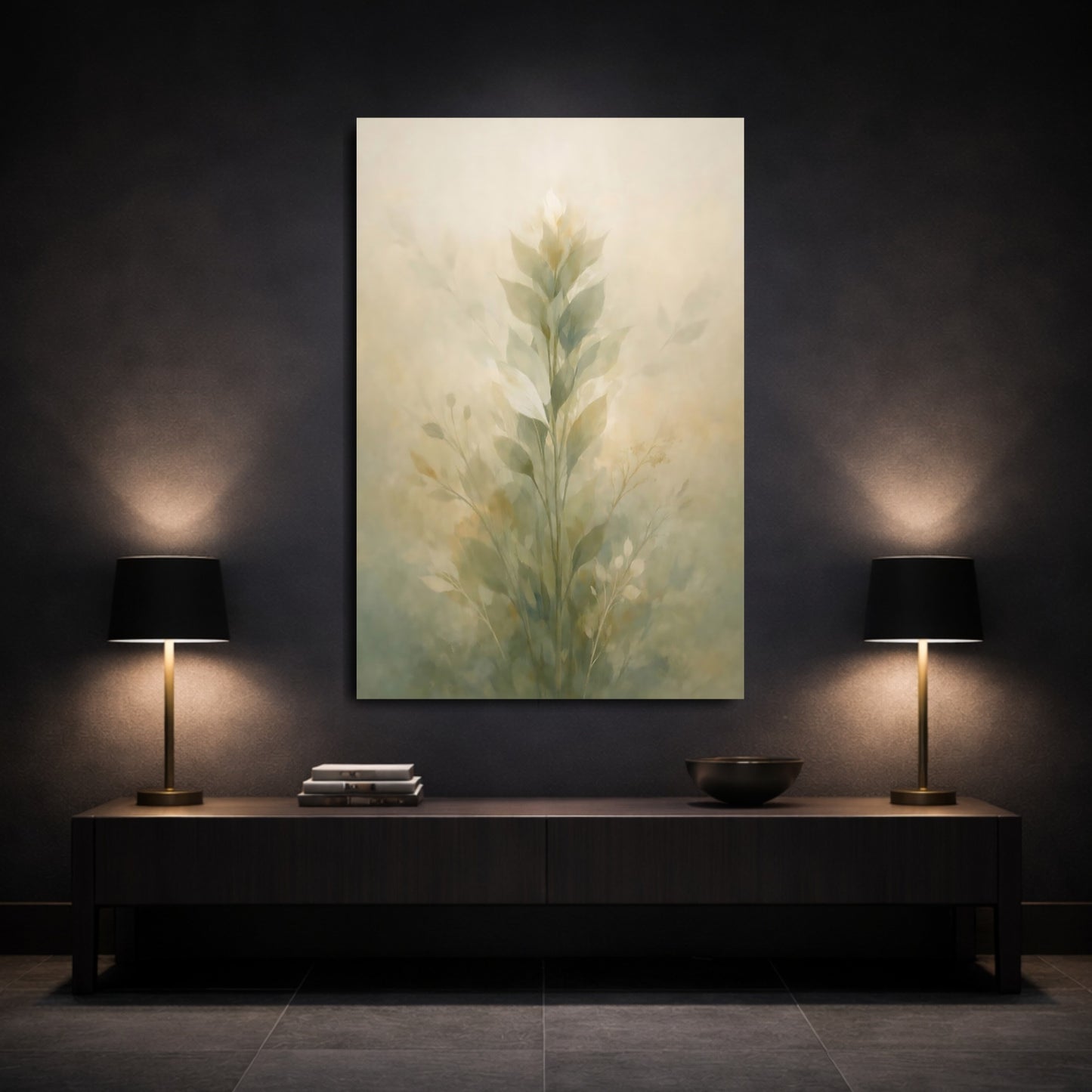 Nature Botanical Leaves Muted Green shown as front canvas room wall art