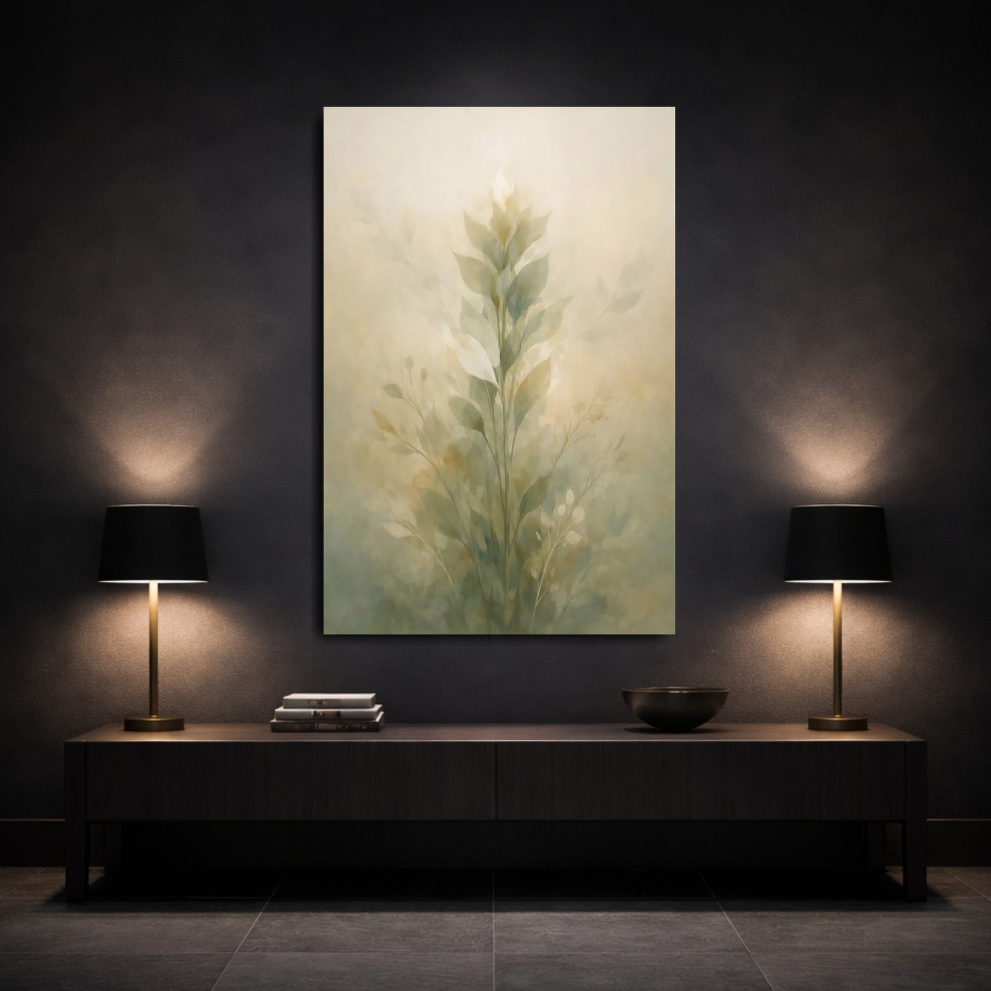 Nature Botanical Leaves Muted Green shown as front canvas room wall art