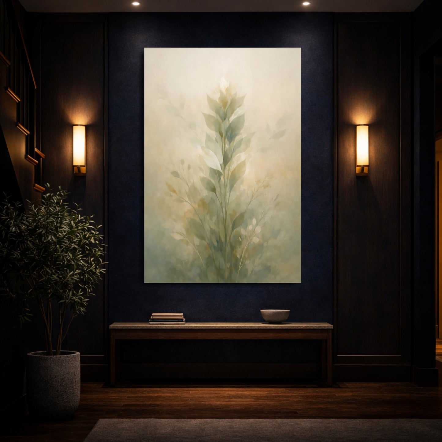 Nature Botanical Leaves Muted Green shown as front canvas room wall art