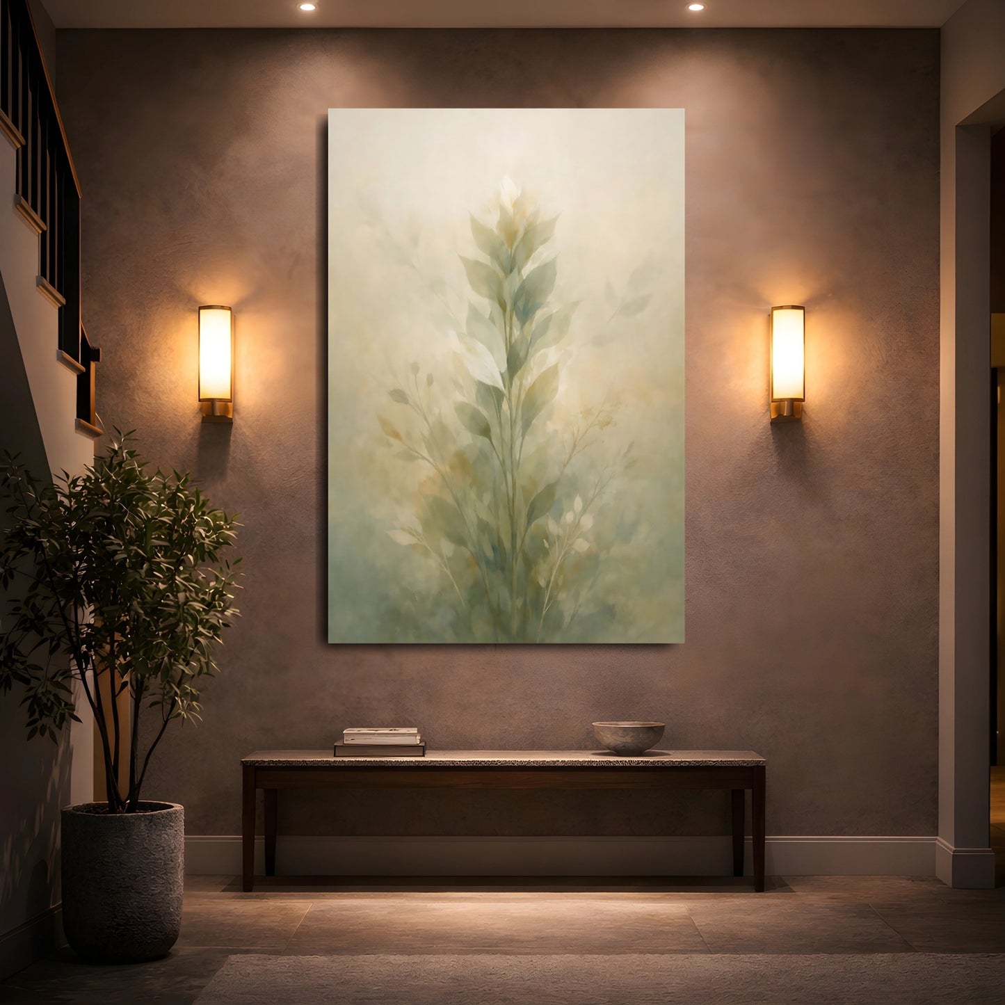 Nature Botanical Leaves Muted Green shown as front canvas room wall art
