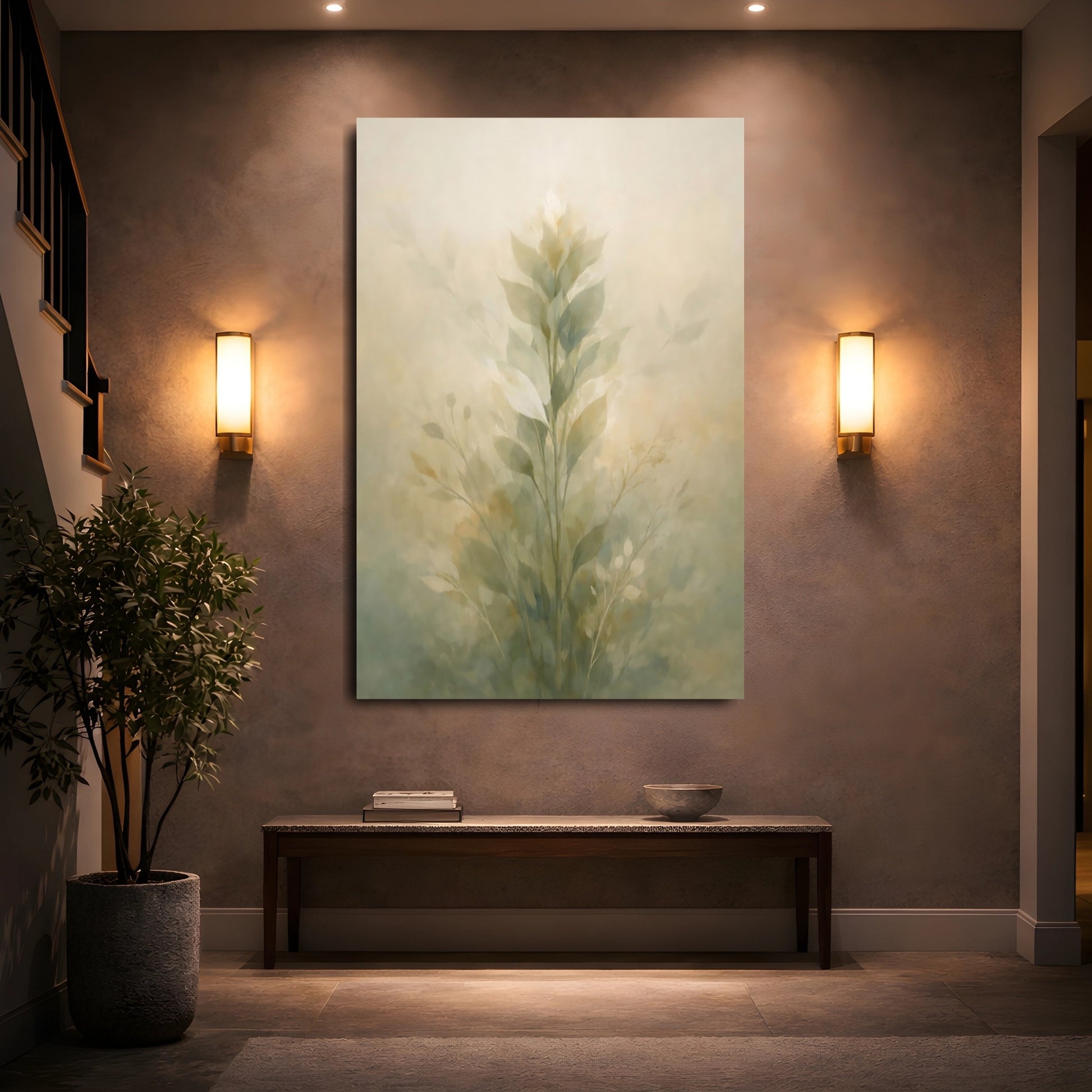 Nature Botanical Leaves Muted Green shown as front canvas room wall art