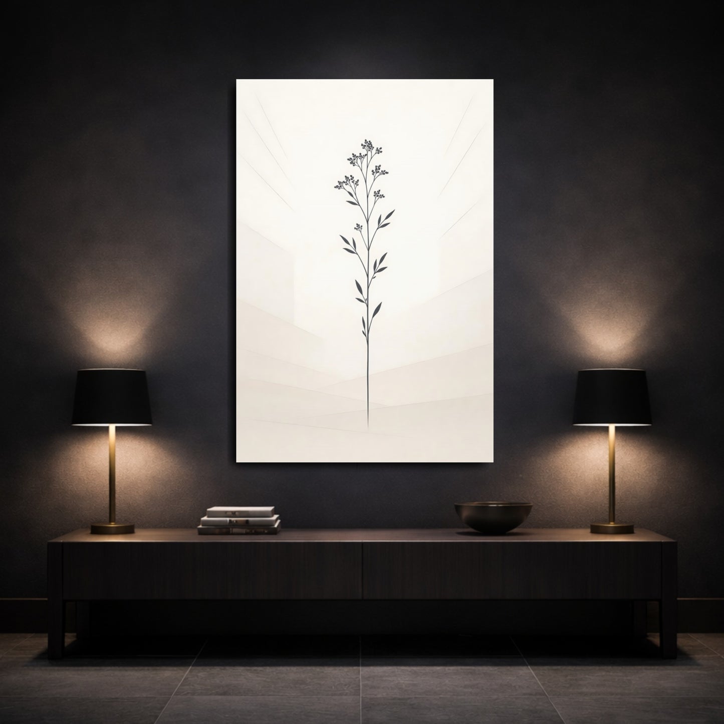 Mockup 2. Nature Botanical Plant Black And Beige Botanical shown as stretched canvas wall art