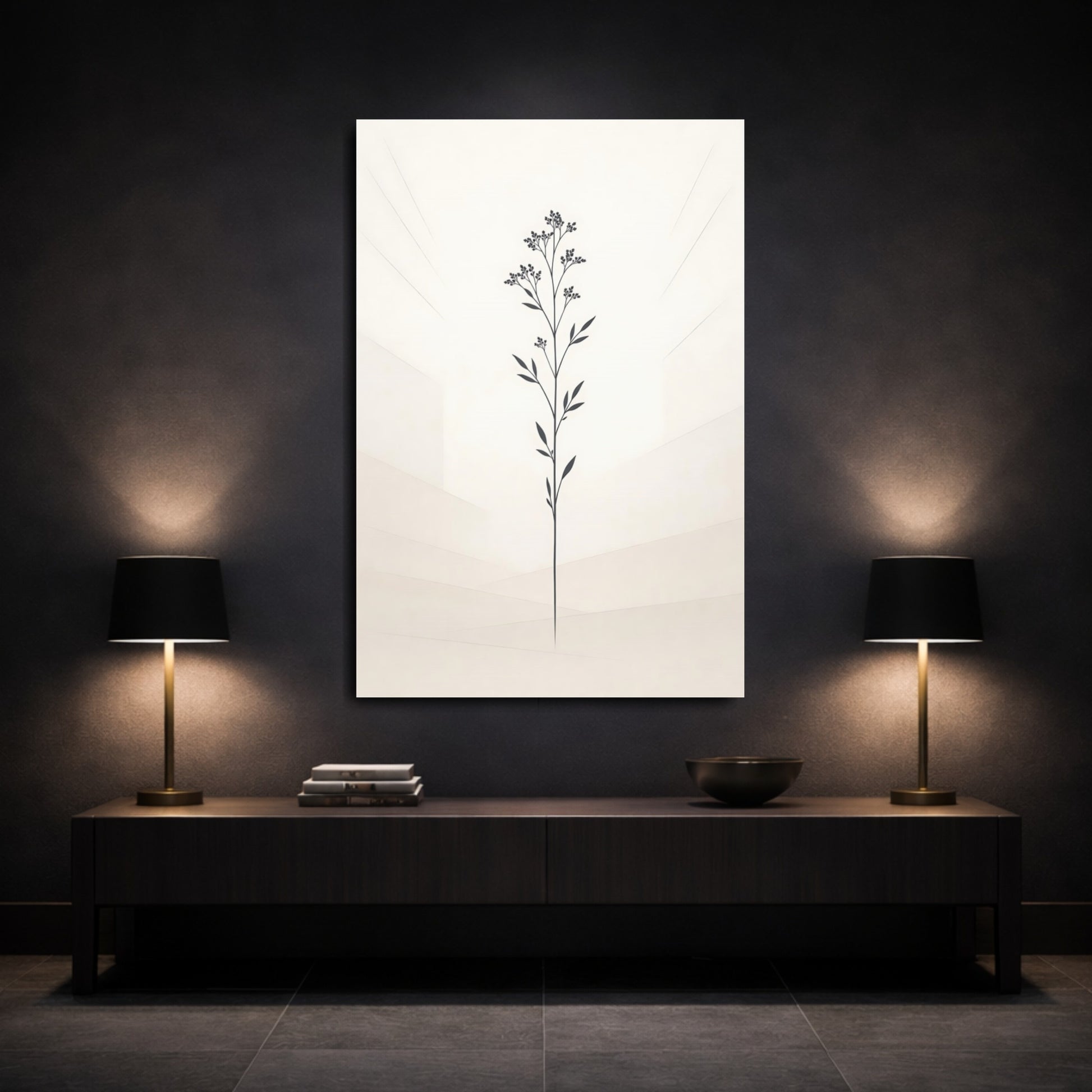 Mockup 2. Nature Botanical Plant Black And Beige Botanical shown as stretched canvas wall art