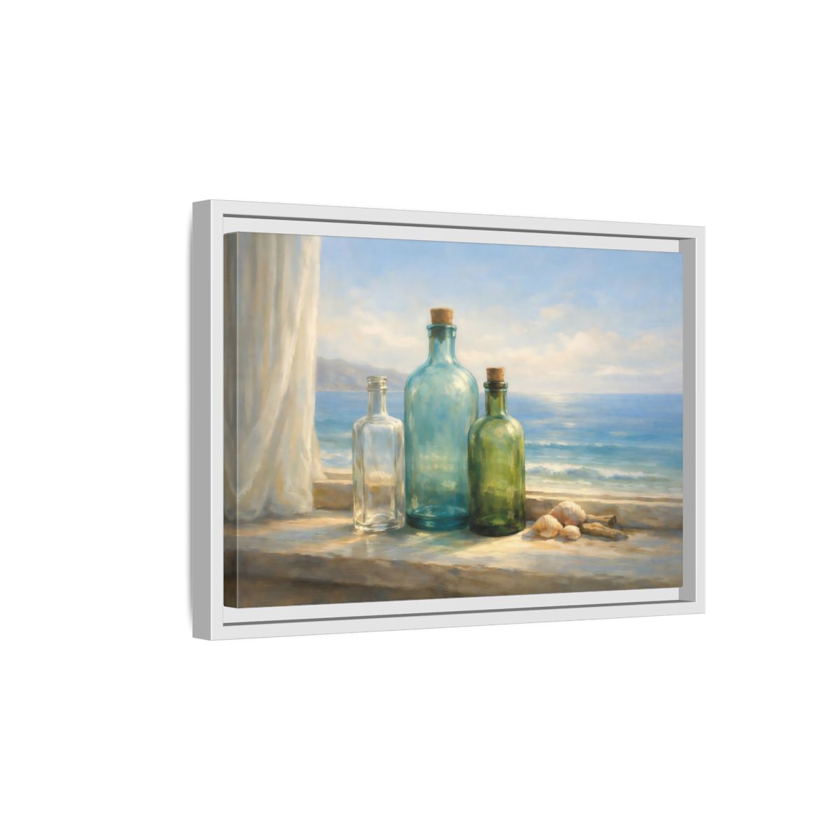Side Mockup 4. Nature Bottles Coastal Still Life shown as stretched canvas wall art
