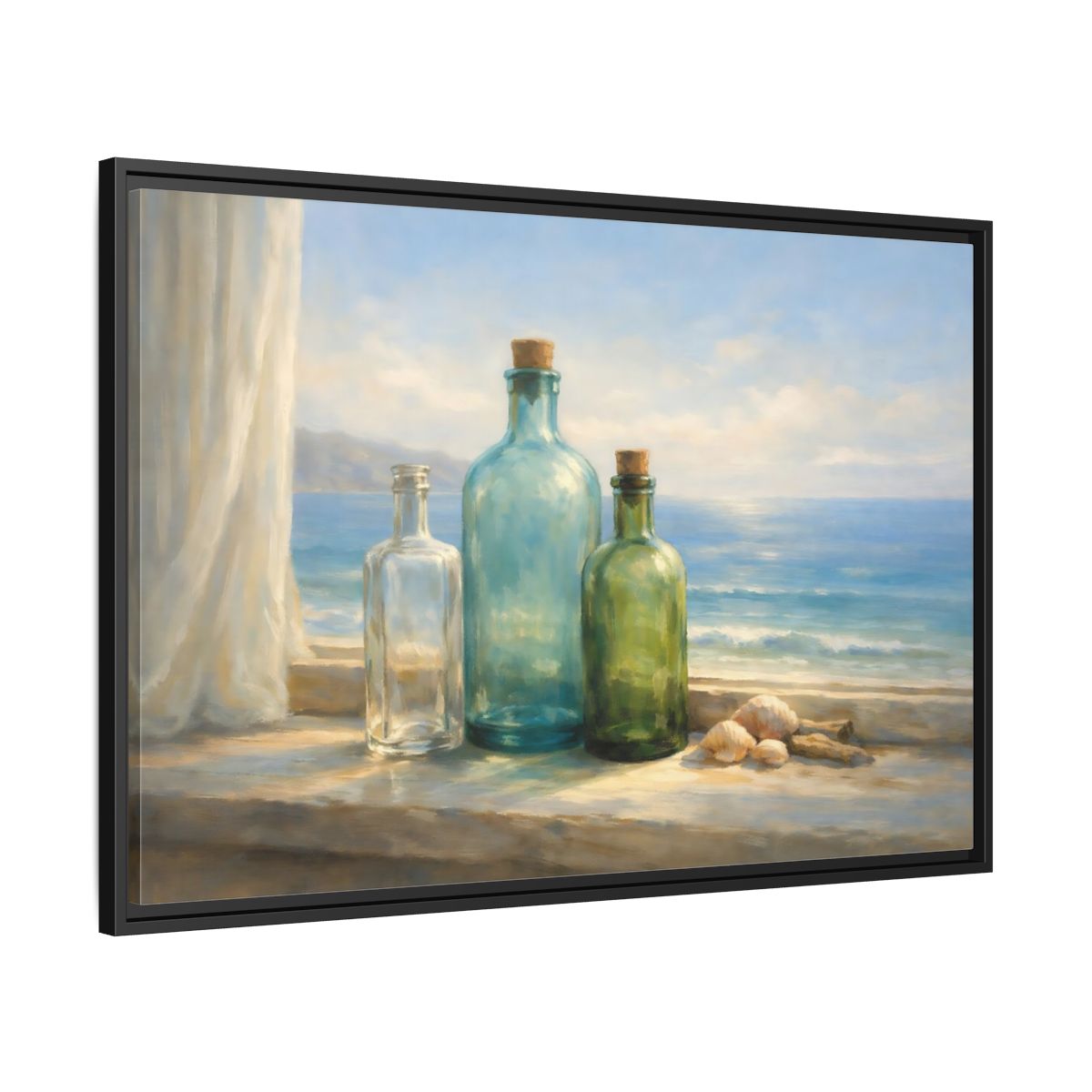 Side Mockup 13. Nature Bottles Coastal Still Life shown as stretched canvas wall art