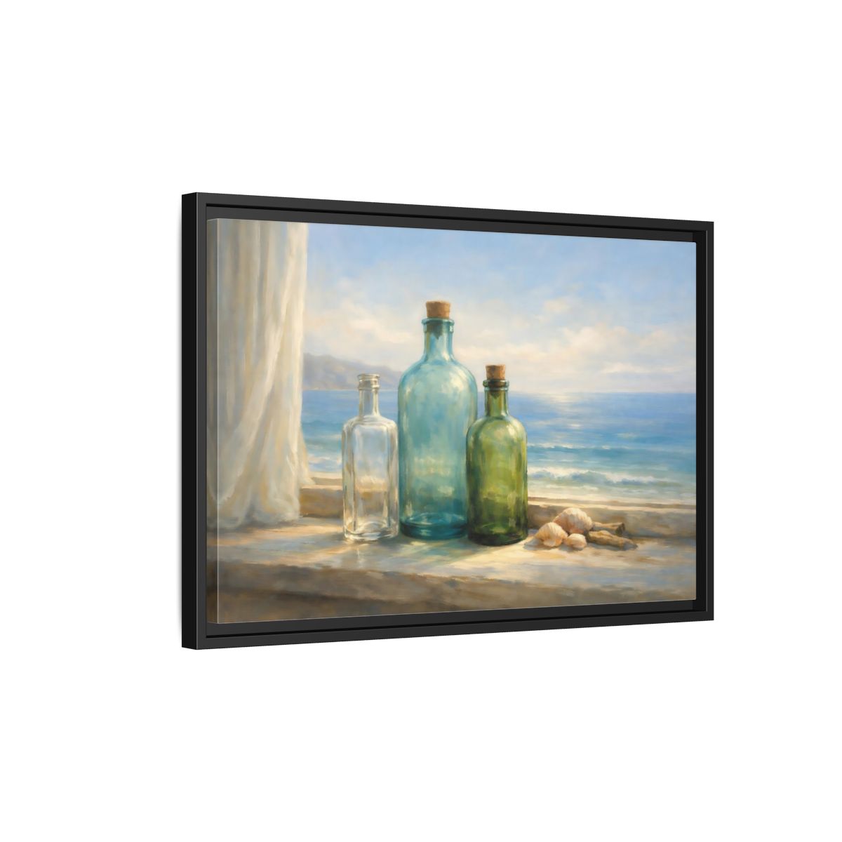 Side Mockup 3. Nature Bottles Coastal Still Life shown as stretched canvas wall art