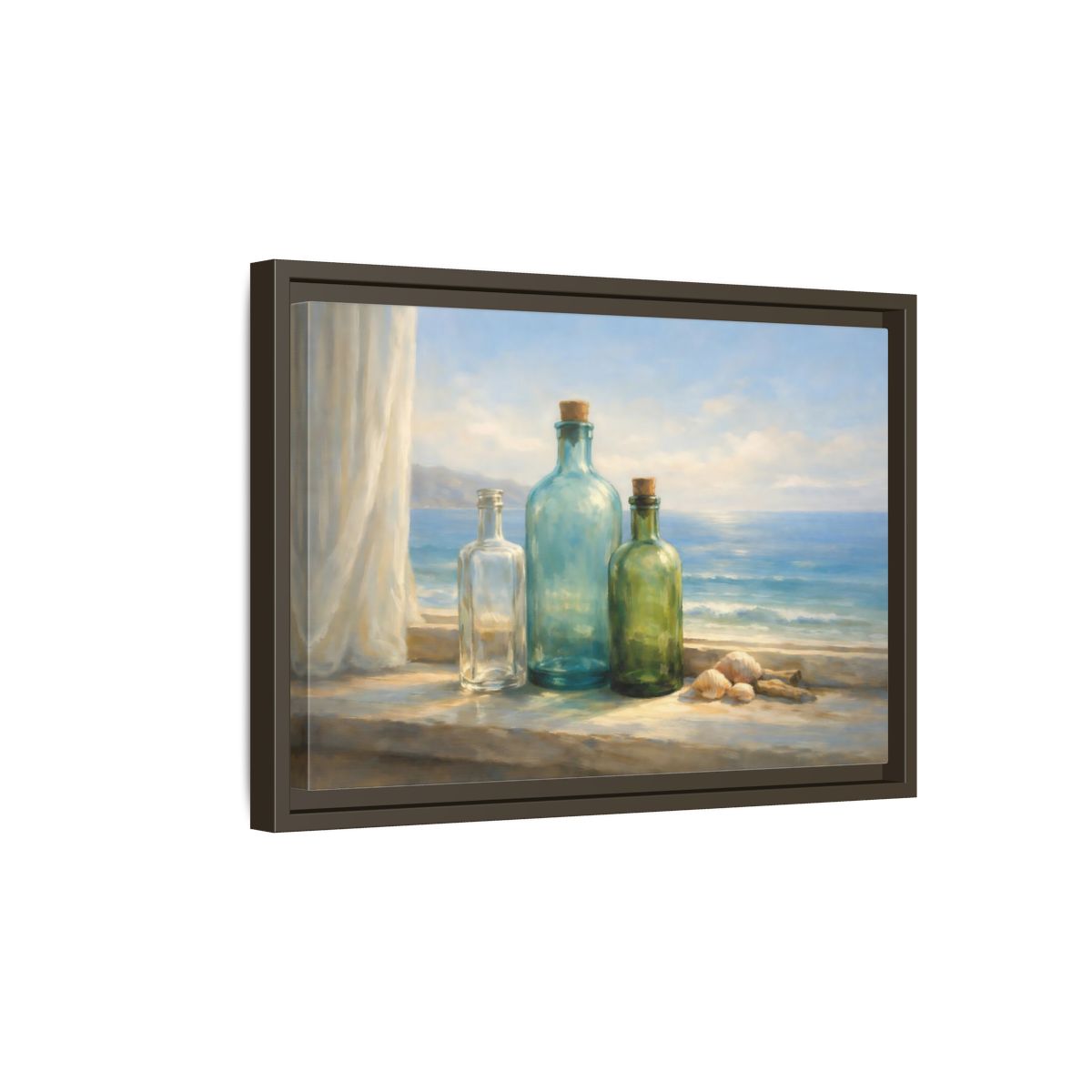 Side Mockup 5. Nature Bottles Coastal Still Life shown as stretched canvas wall art