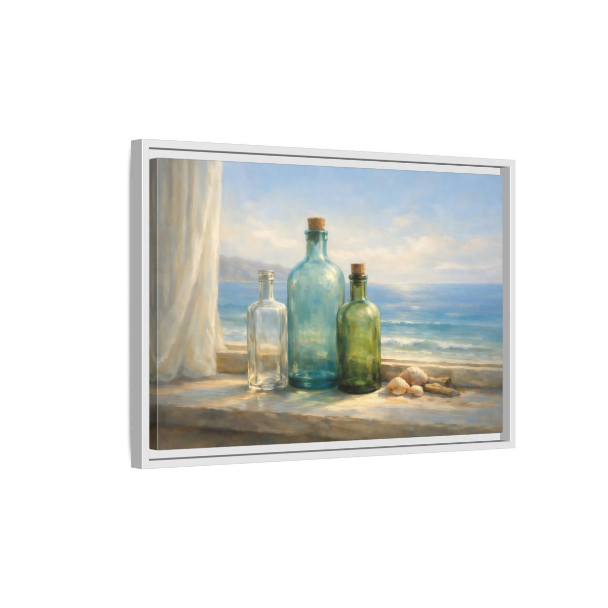 Side Mockup 1. Nature Bottles Coastal Still Life shown as stretched canvas wall art