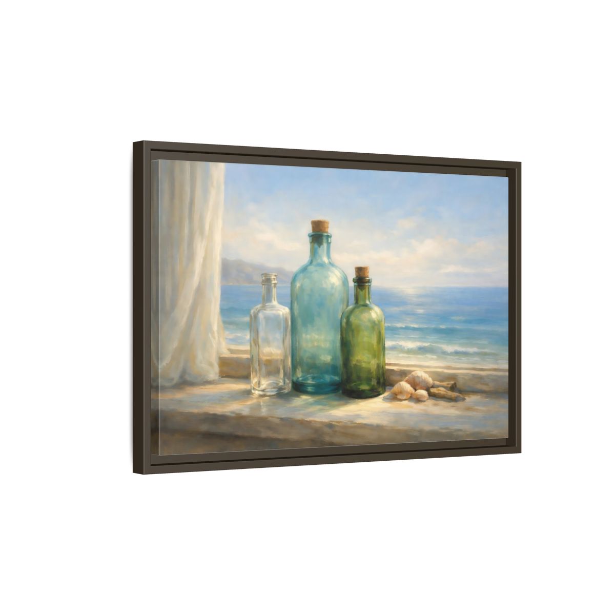 Side Mockup 2. Nature Bottles Coastal Still Life shown as stretched canvas wall art