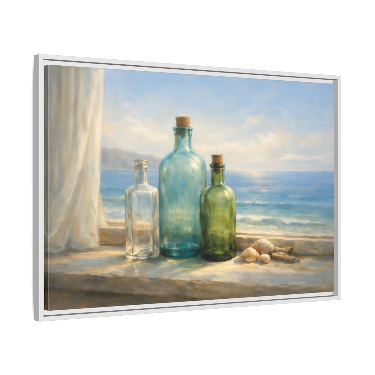 Side Mockup 8. Nature Bottles Coastal Still Life shown as stretched canvas wall art