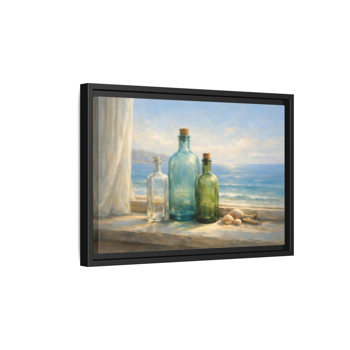 Side Mockup 6. Nature Bottles Coastal Still Life shown as stretched canvas wall art