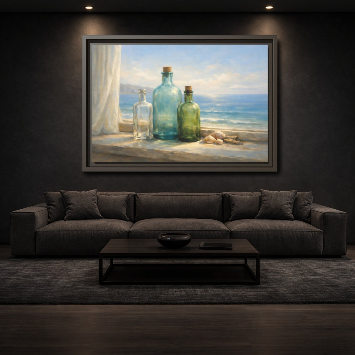 Mockup 2. Nature Bottles Coastal Still Life shown as stretched canvas wall art