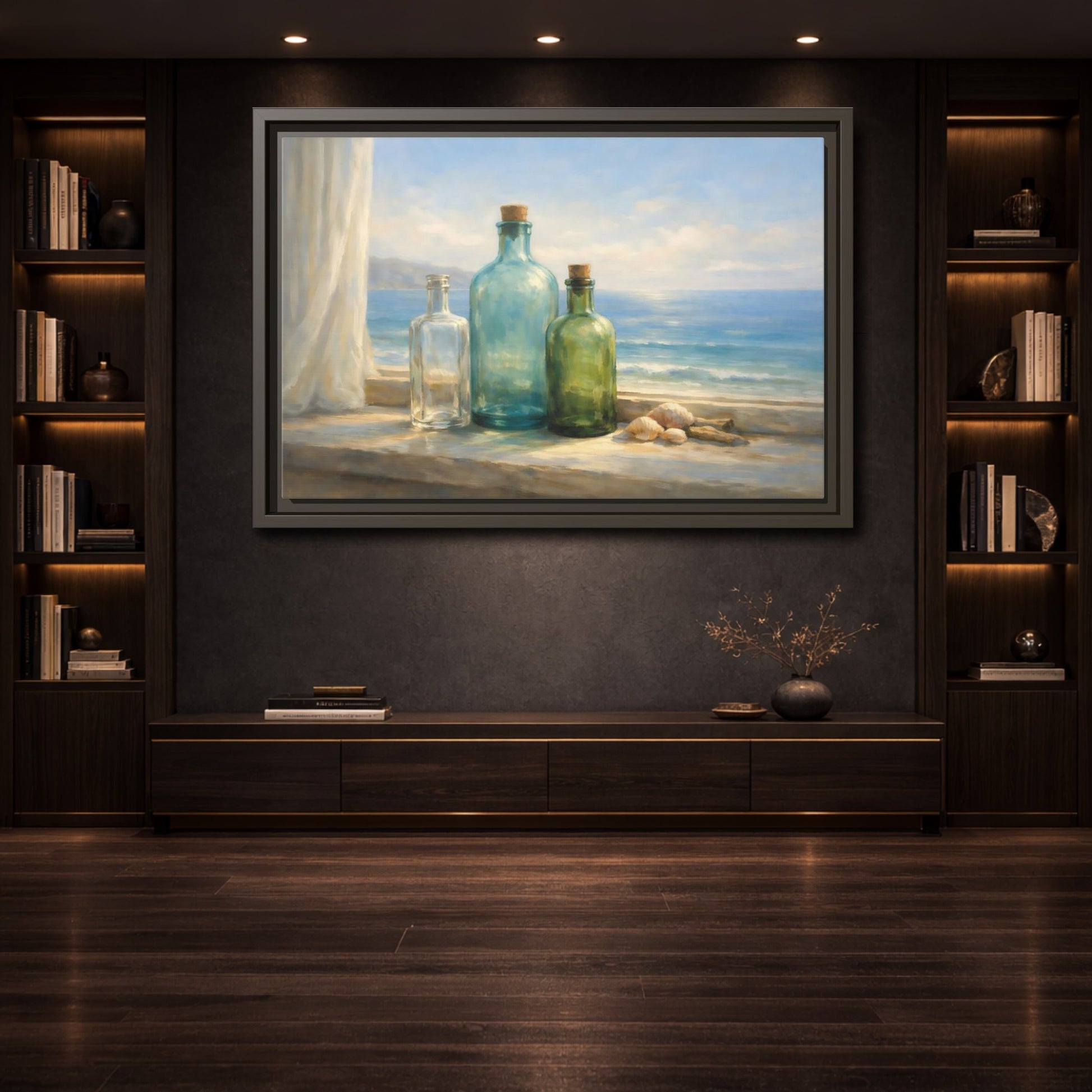 Mockup 3. Nature Bottles Coastal Still Life shown as stretched canvas wall art
