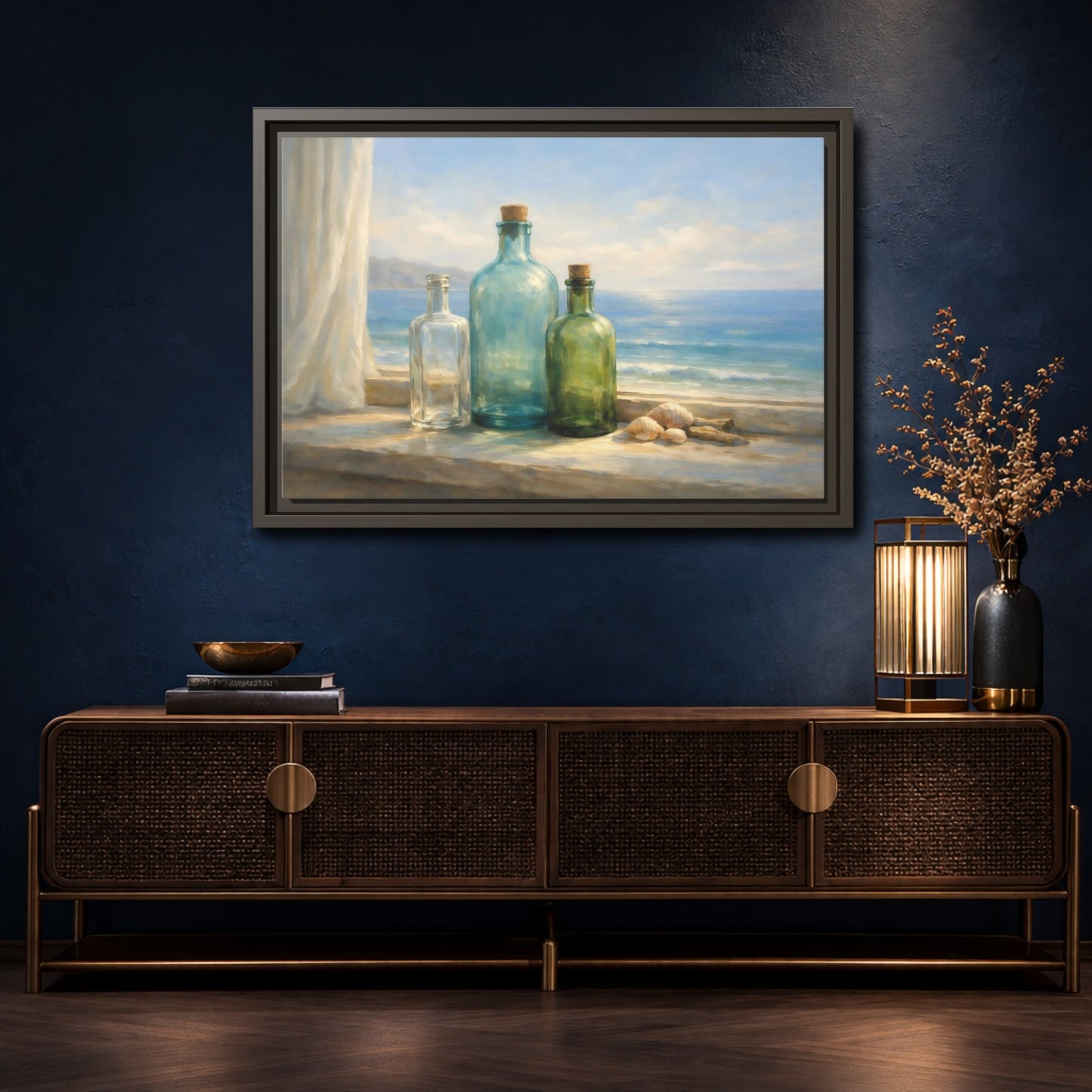 Mockup 4. Nature Bottles Coastal Still Life shown as stretched canvas wall art