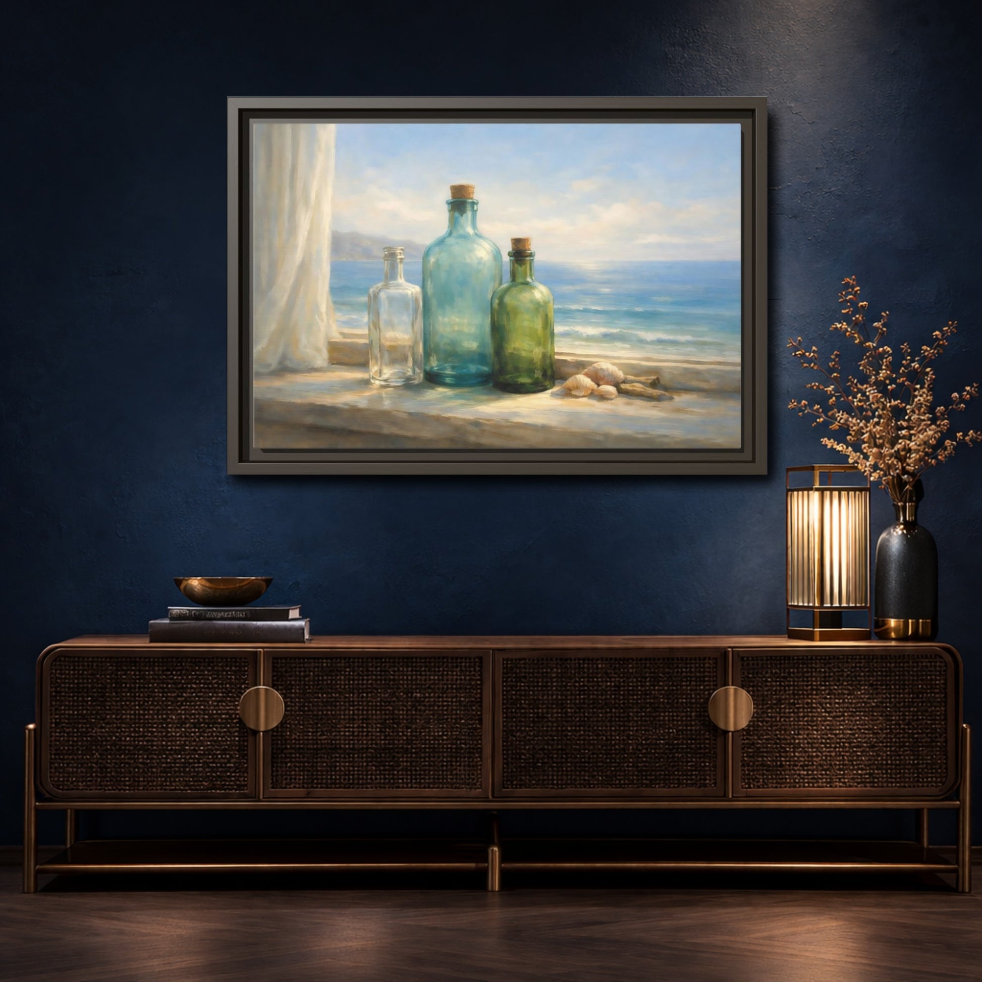Mockup 4. Nature Bottles Coastal Still Life shown as stretched canvas wall art