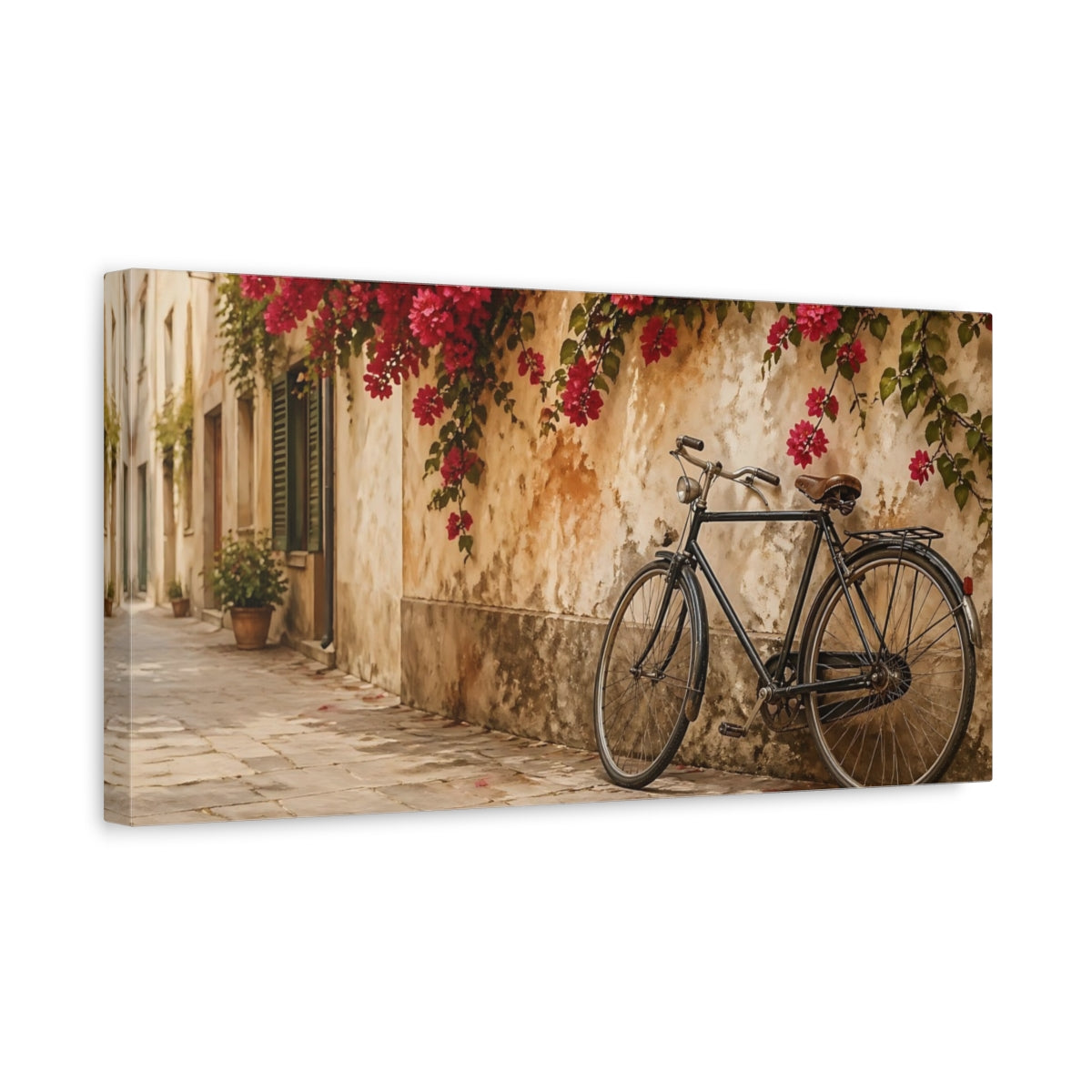 Side Mockup 3. Nature Bougainvillea, Bicycle Pink And Brown shown as stretched canvas wall art