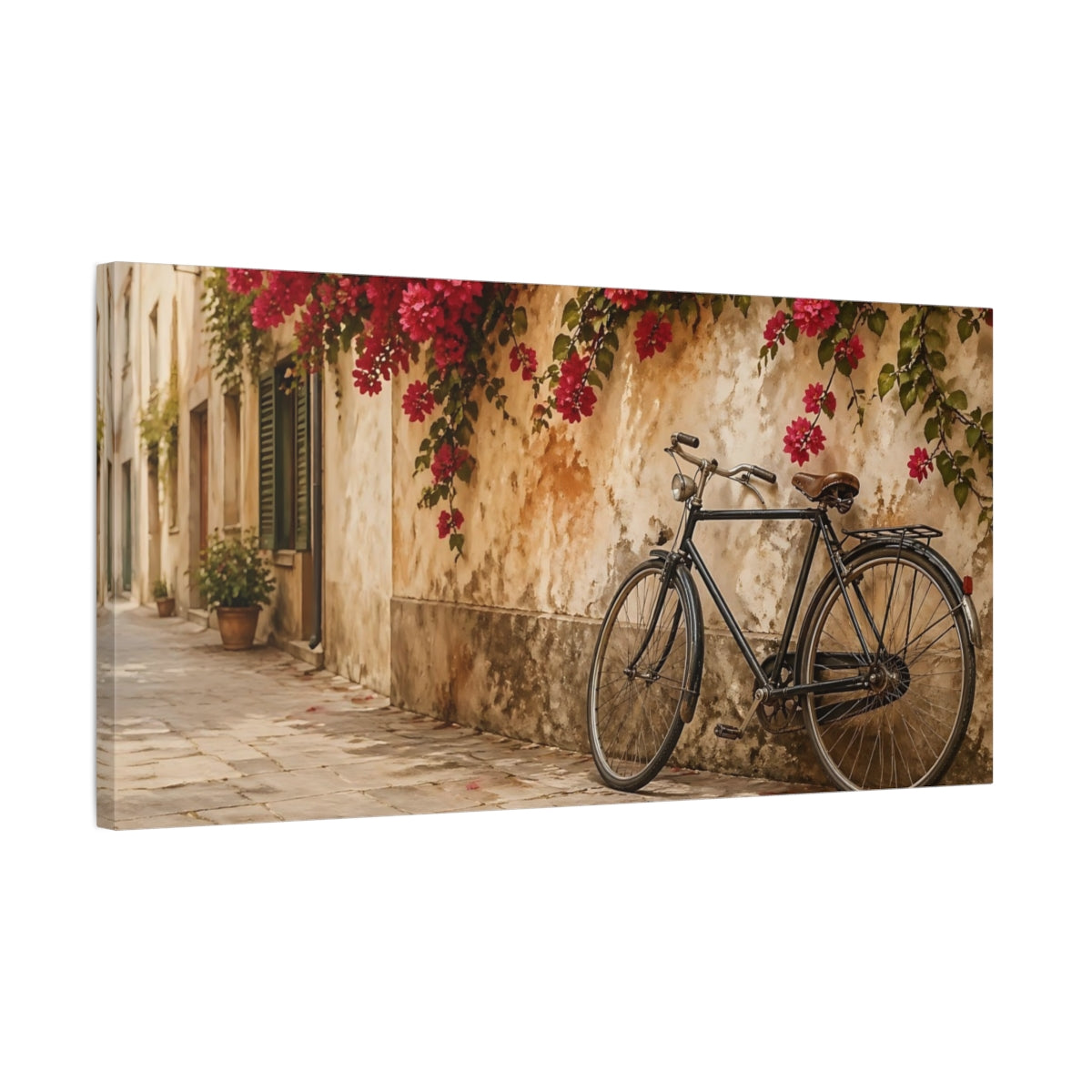 Side Mockup 1. Nature Bougainvillea, Bicycle Pink And Brown shown as stretched canvas wall art