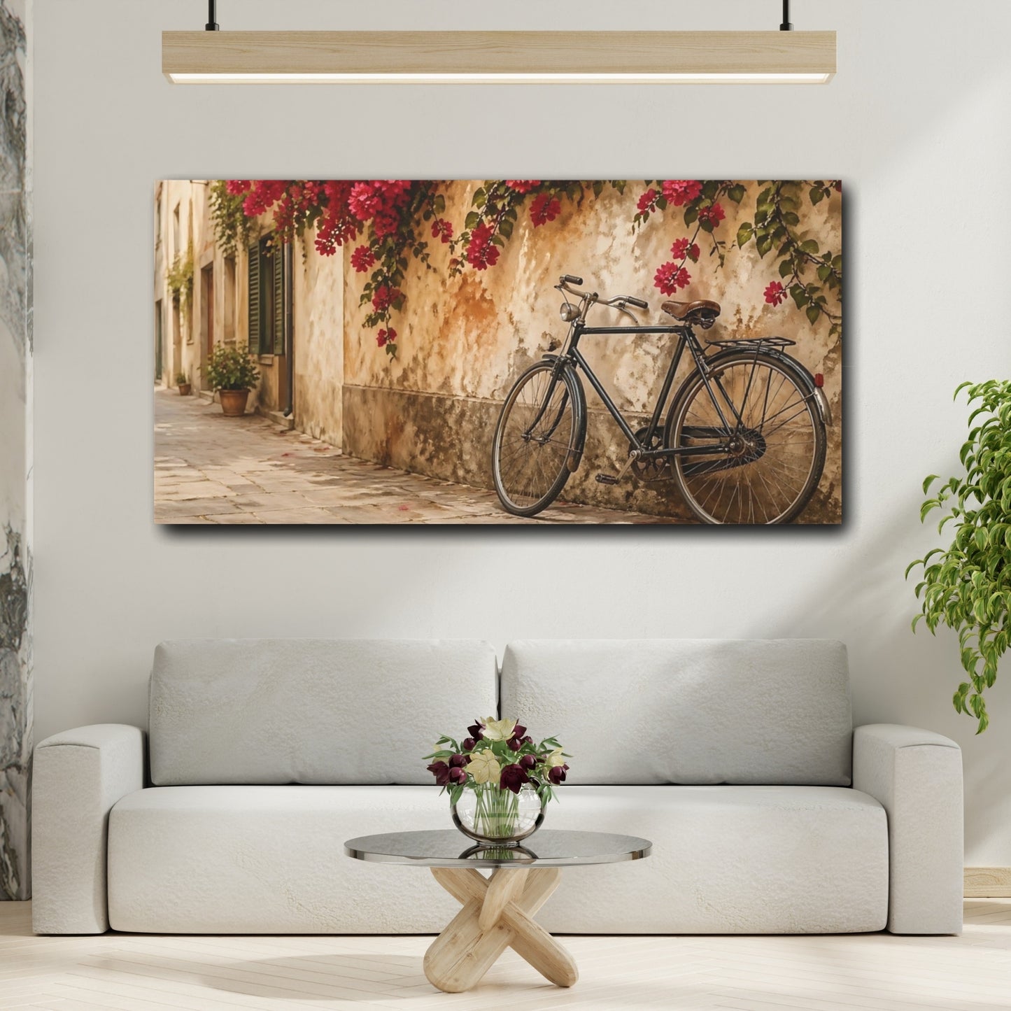 Mockup 3. Nature Bougainvillea, Bicycle Pink And Brown shown as stretched canvas wall art