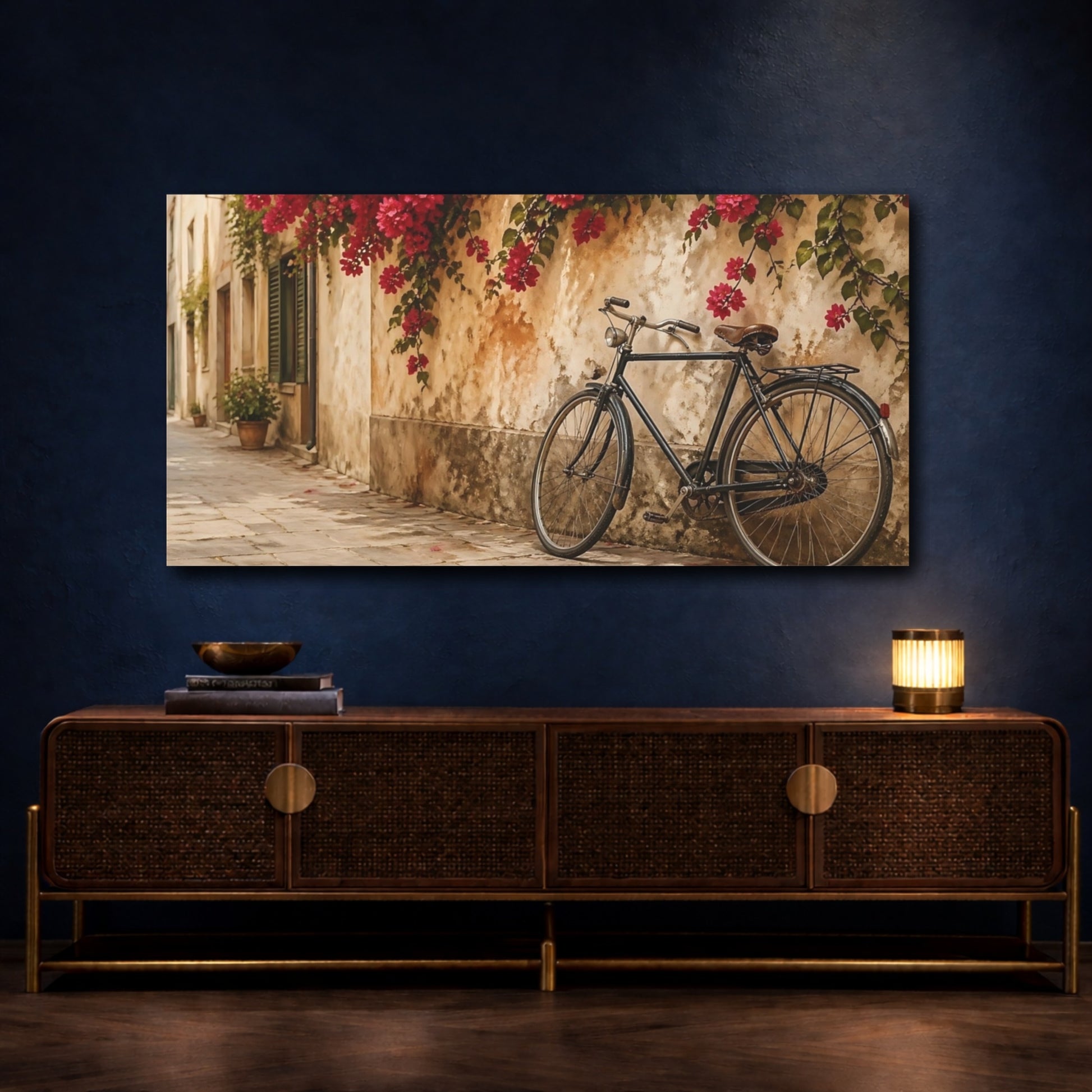 Mockup 4. Nature Bougainvillea, Bicycle Pink And Brown shown as stretched canvas wall art