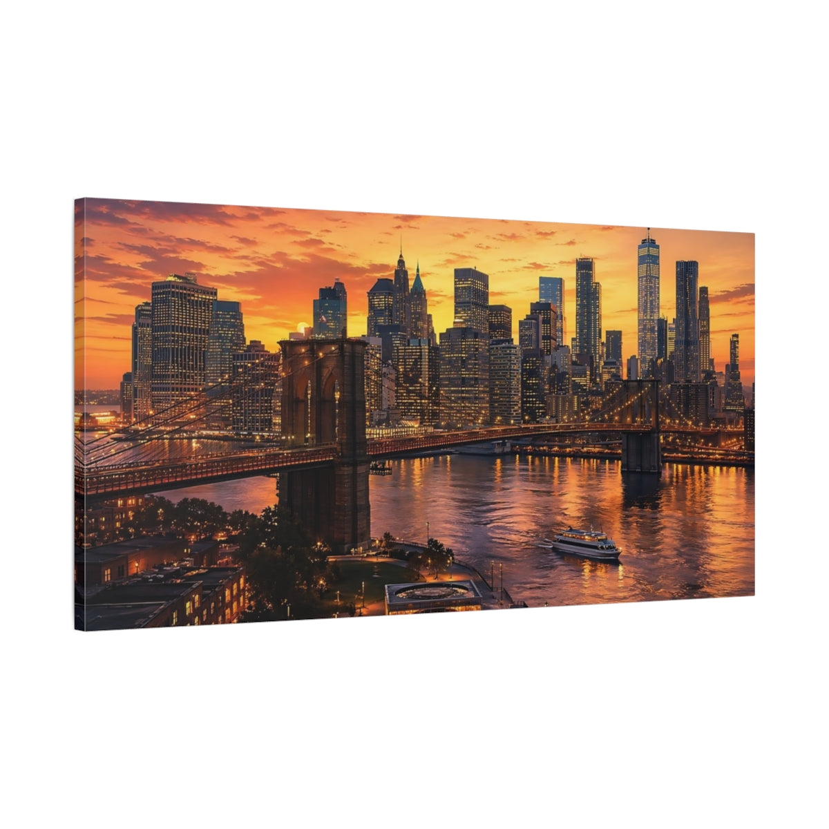 Main Mockup. Nature Brooklyn Bridge Orange Cityscape shown as stretched canvas wall art