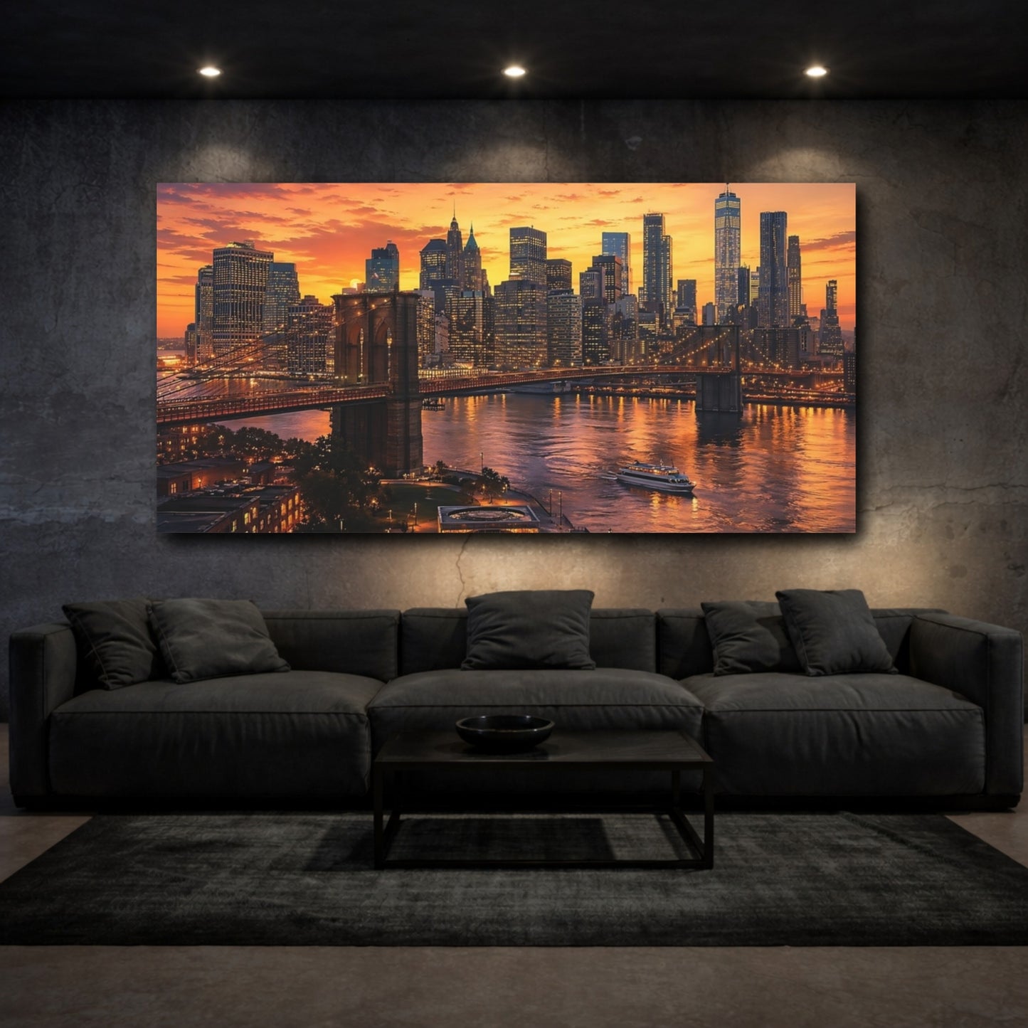 Mockup 2. Nature Brooklyn Bridge Orange Cityscape shown as stretched canvas wall art