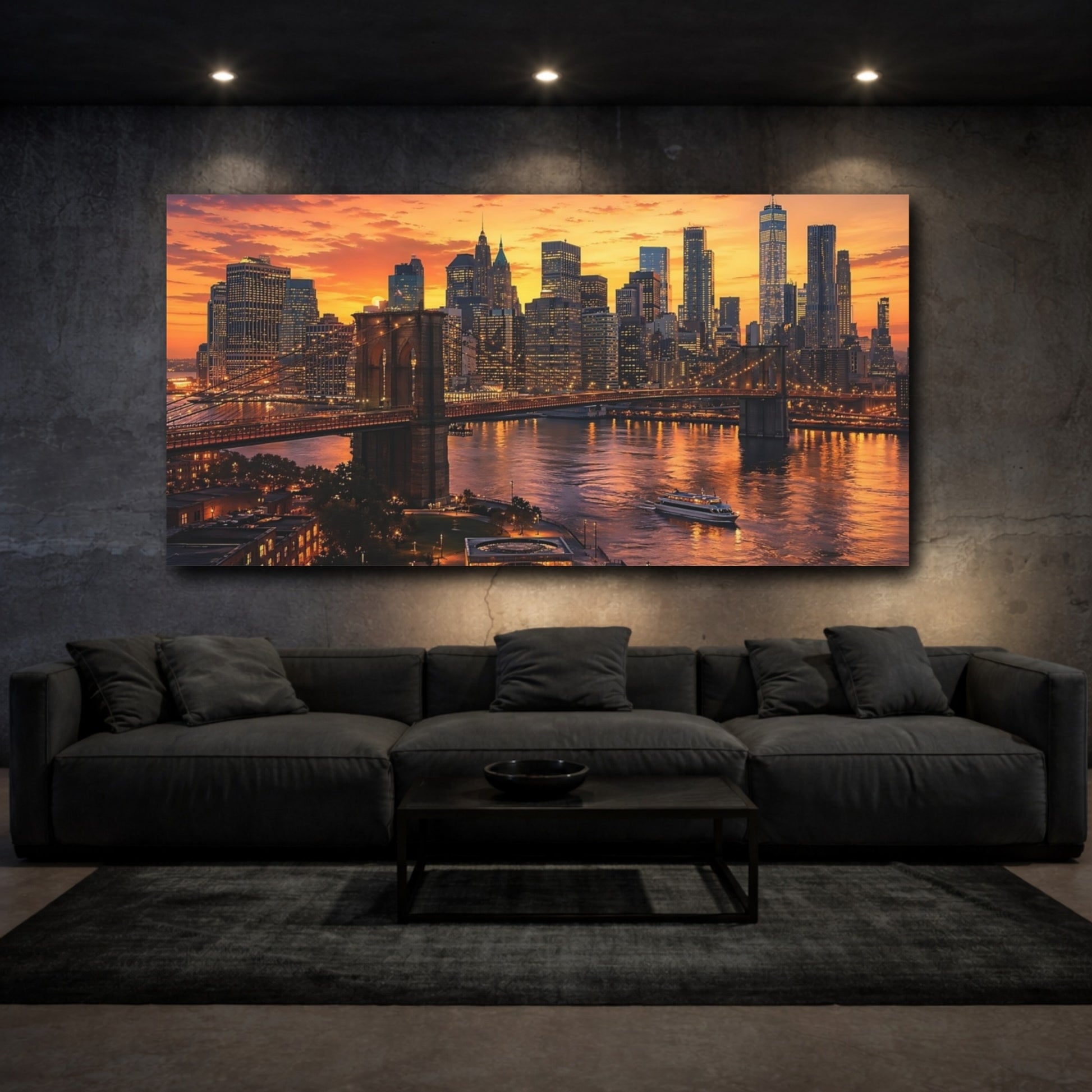 Mockup 2. Nature Brooklyn Bridge Orange Cityscape shown as stretched canvas wall art
