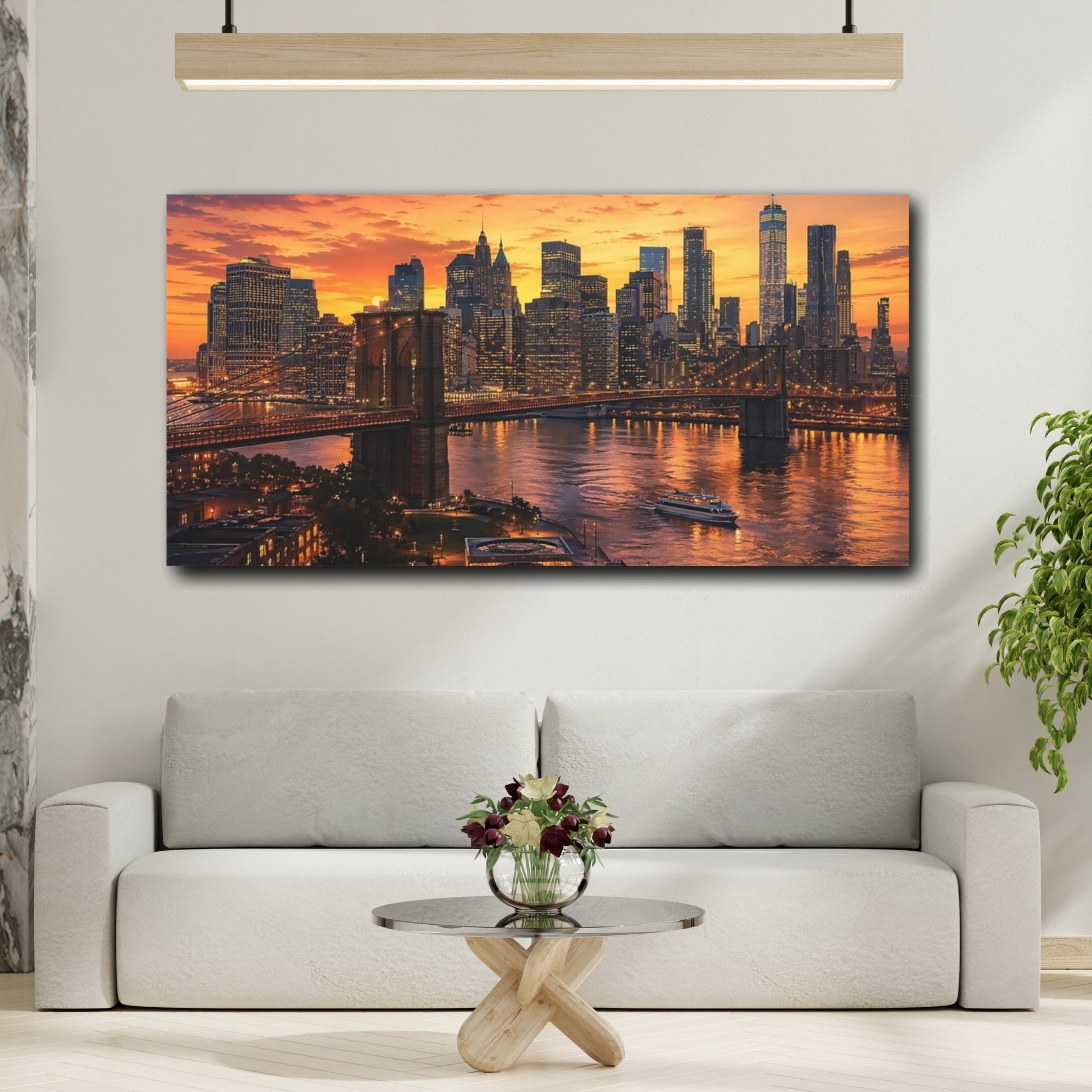 Mockup 3. Nature Brooklyn Bridge Orange Cityscape shown as stretched canvas wall art