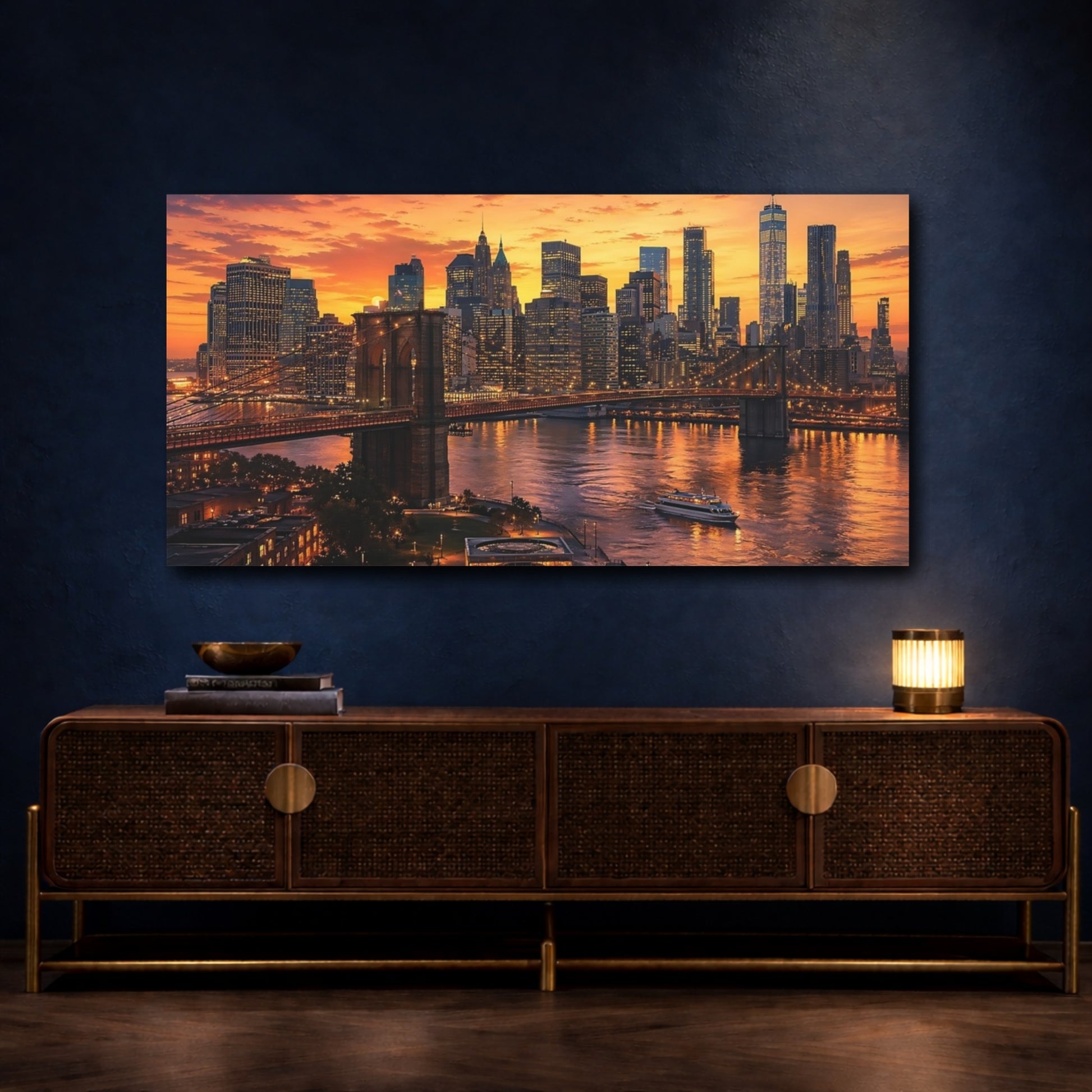 Mockup 4. Nature Brooklyn Bridge Orange Cityscape shown as stretched canvas wall art