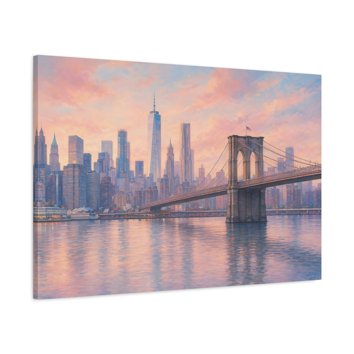 Main Mockup. Nature Brooklyn Bridge Pastel Cityscape shown as stretched canvas wall art