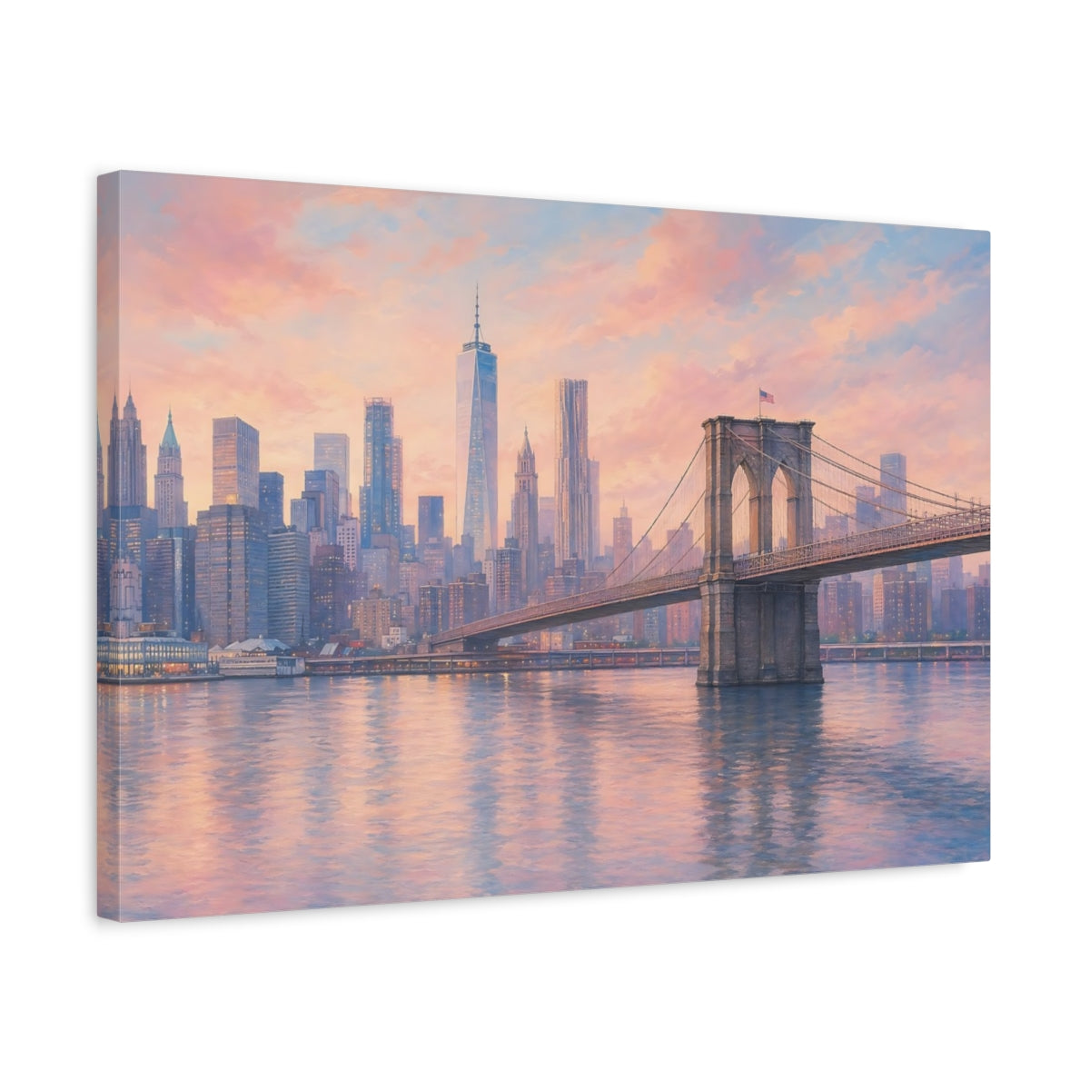 Side Mockup 3. Nature Brooklyn Bridge Pastel Cityscape shown as stretched canvas wall art
