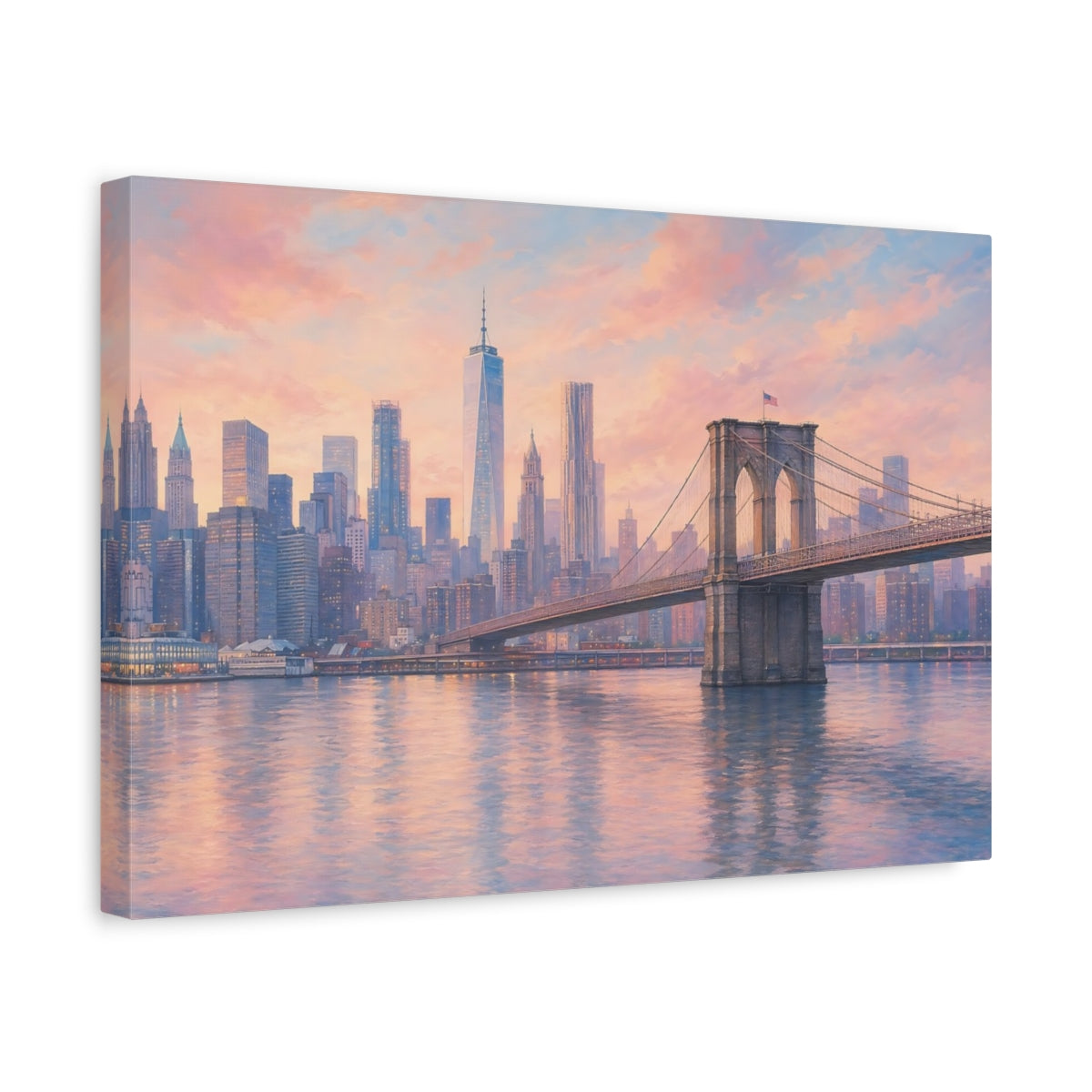 Side Mockup 4. Nature Brooklyn Bridge Pastel Cityscape shown as stretched canvas wall art