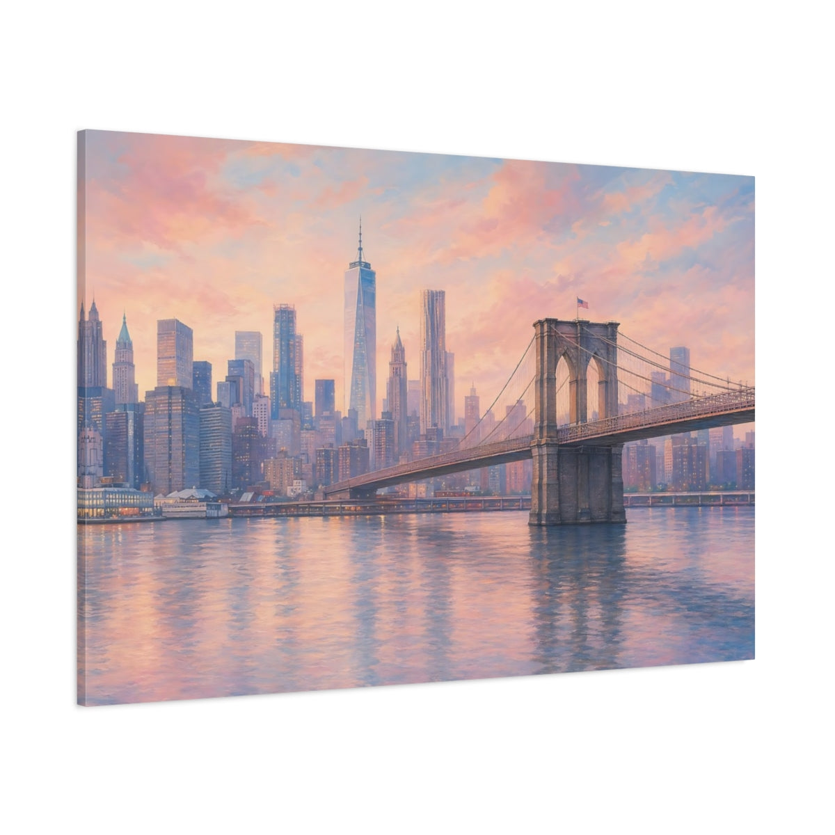 Side Mockup 1. Nature Brooklyn Bridge Pastel Cityscape shown as stretched canvas wall art