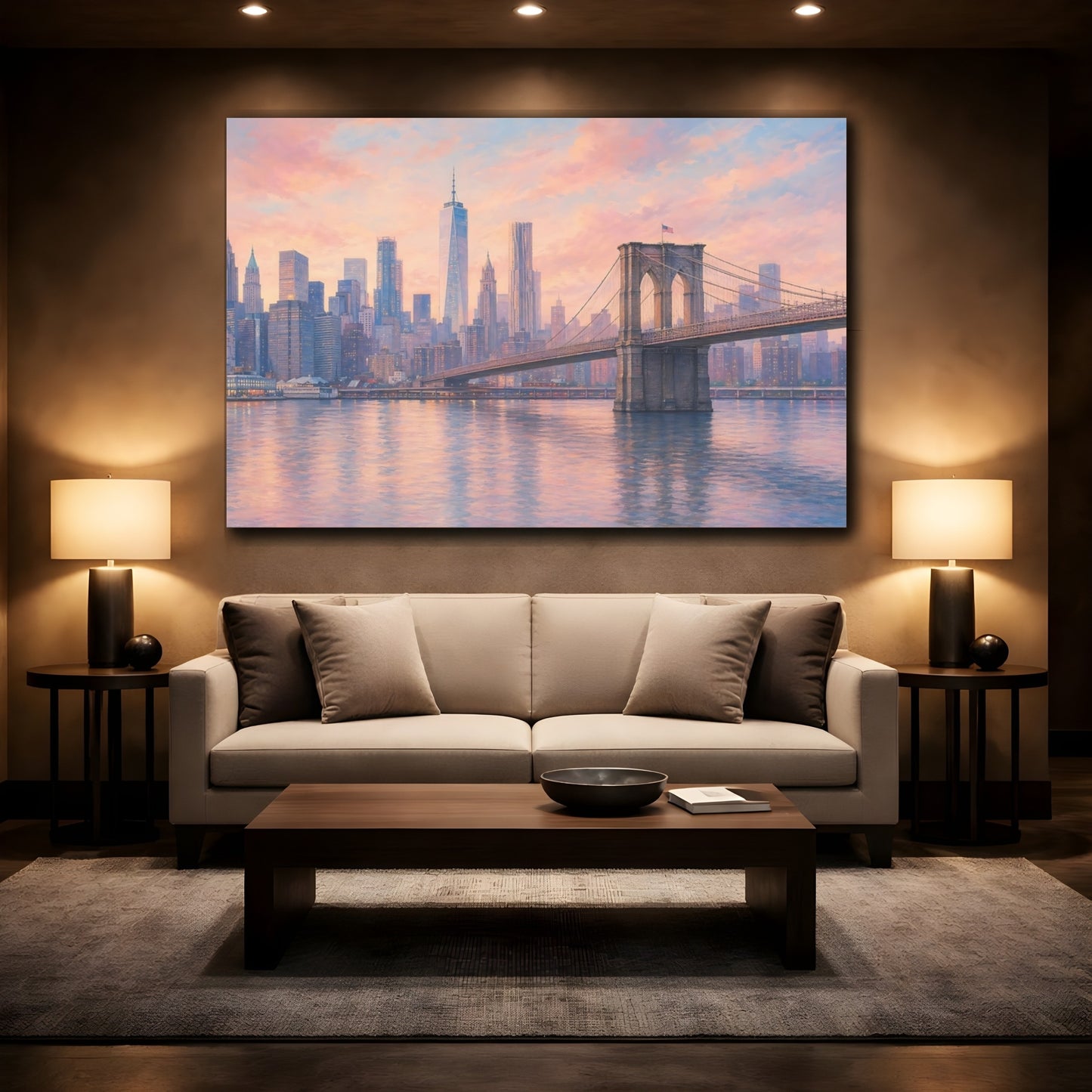 Mockup 2. Nature Brooklyn Bridge Pastel Cityscape shown as stretched canvas wall art