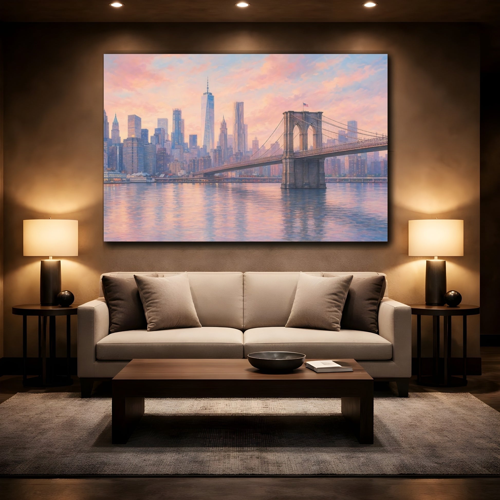 Mockup 2. Nature Brooklyn Bridge Pastel Cityscape shown as stretched canvas wall art