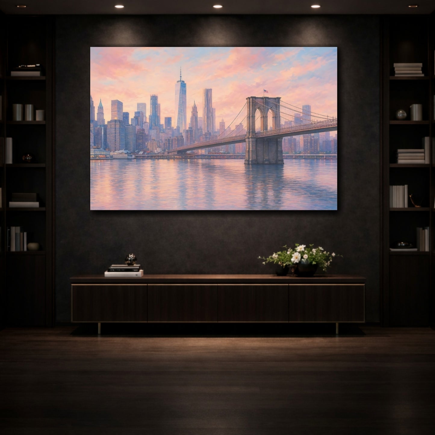 Mockup 3. Nature Brooklyn Bridge Pastel Cityscape shown as stretched canvas wall art