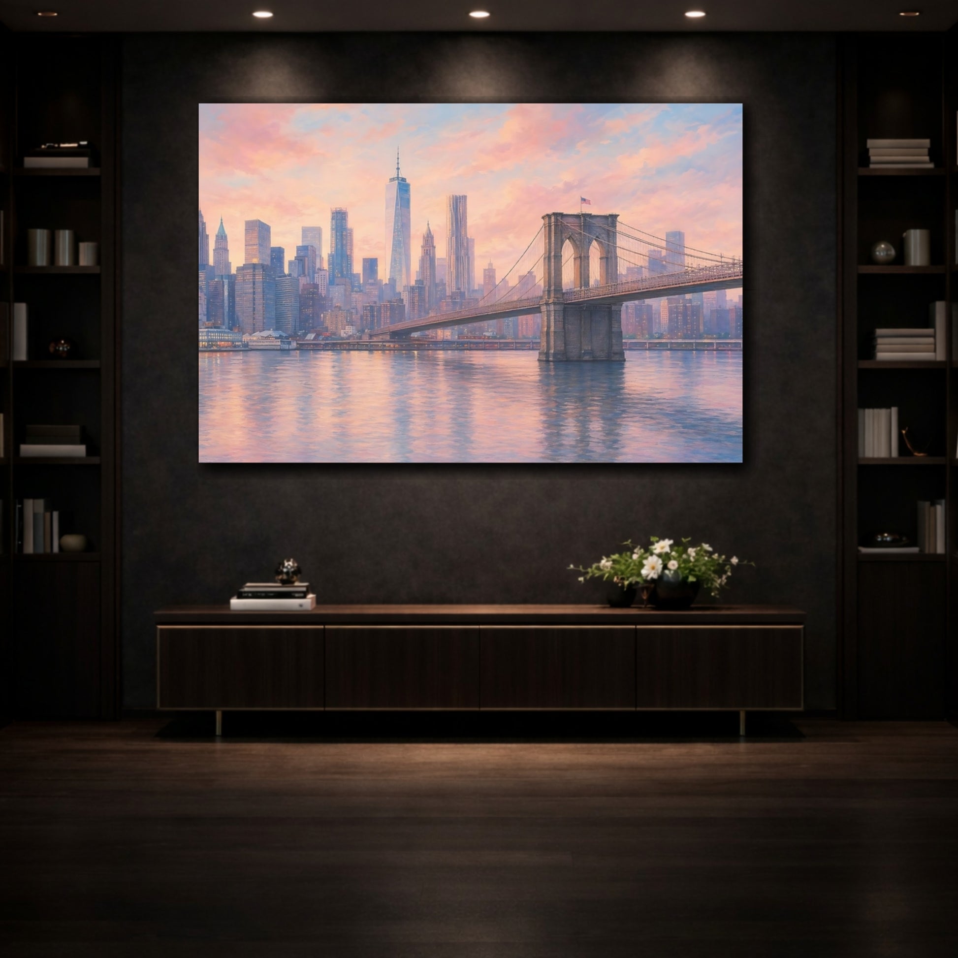 Mockup 3. Nature Brooklyn Bridge Pastel Cityscape shown as stretched canvas wall art